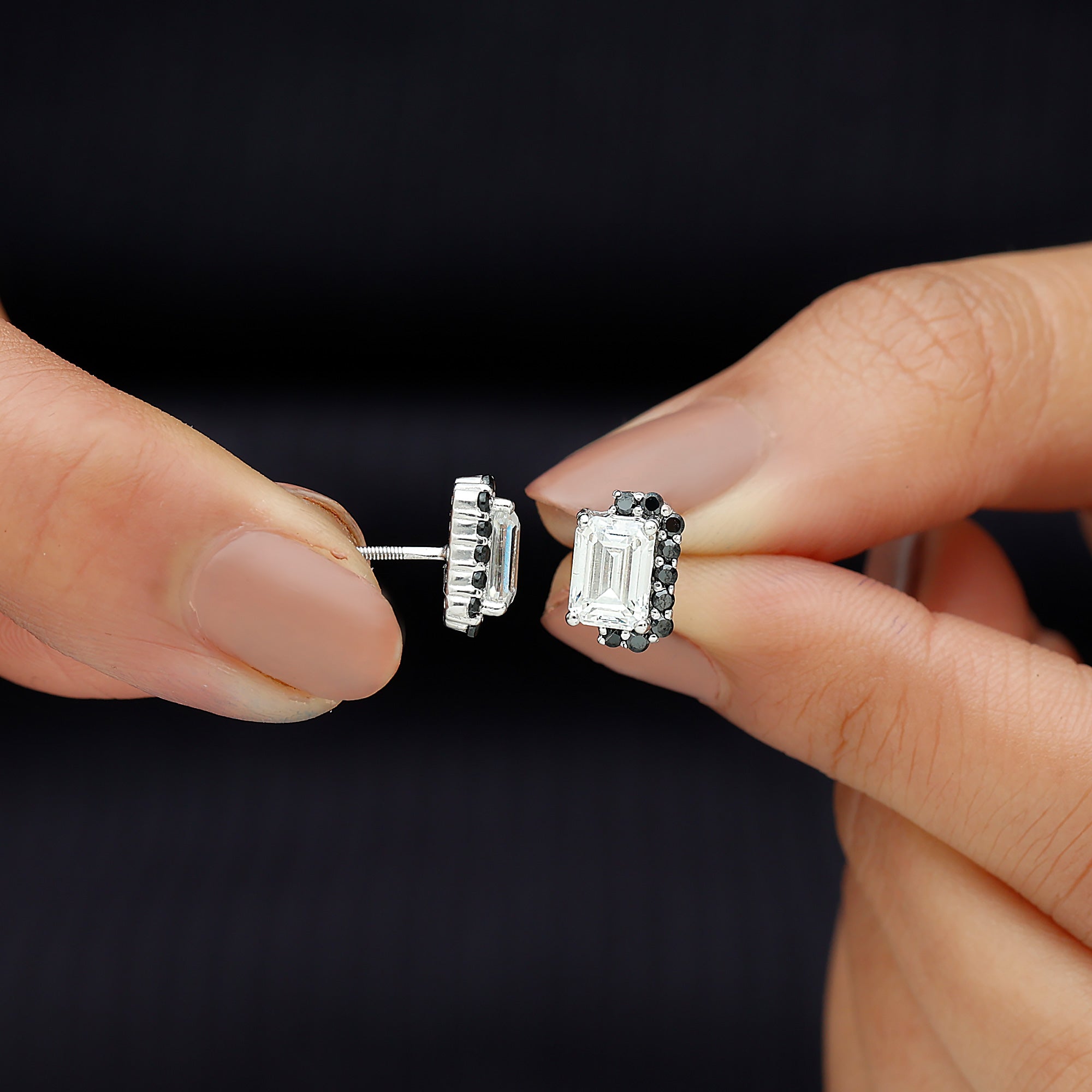 Emerald Cut Moissanite Stud Earrings with Lab Grown Black Diamond D-VS1 - Sparkanite Jewels