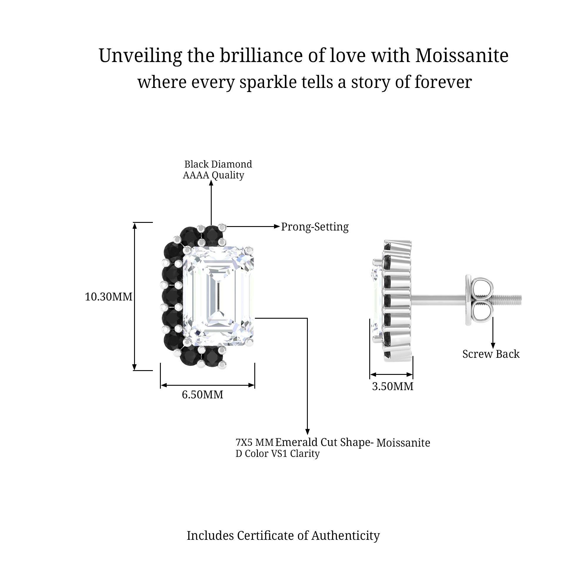 Emerald Cut Moissanite Stud Earrings with Lab Grown Black Diamond D-VS1 - Sparkanite Jewels