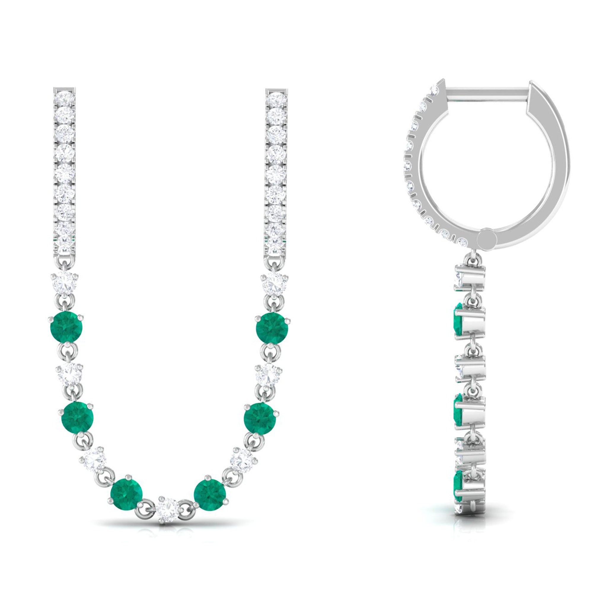 Chain Hoop Earrings with Moissanite and Emerald D-VS1 - Sparkanite Jewels