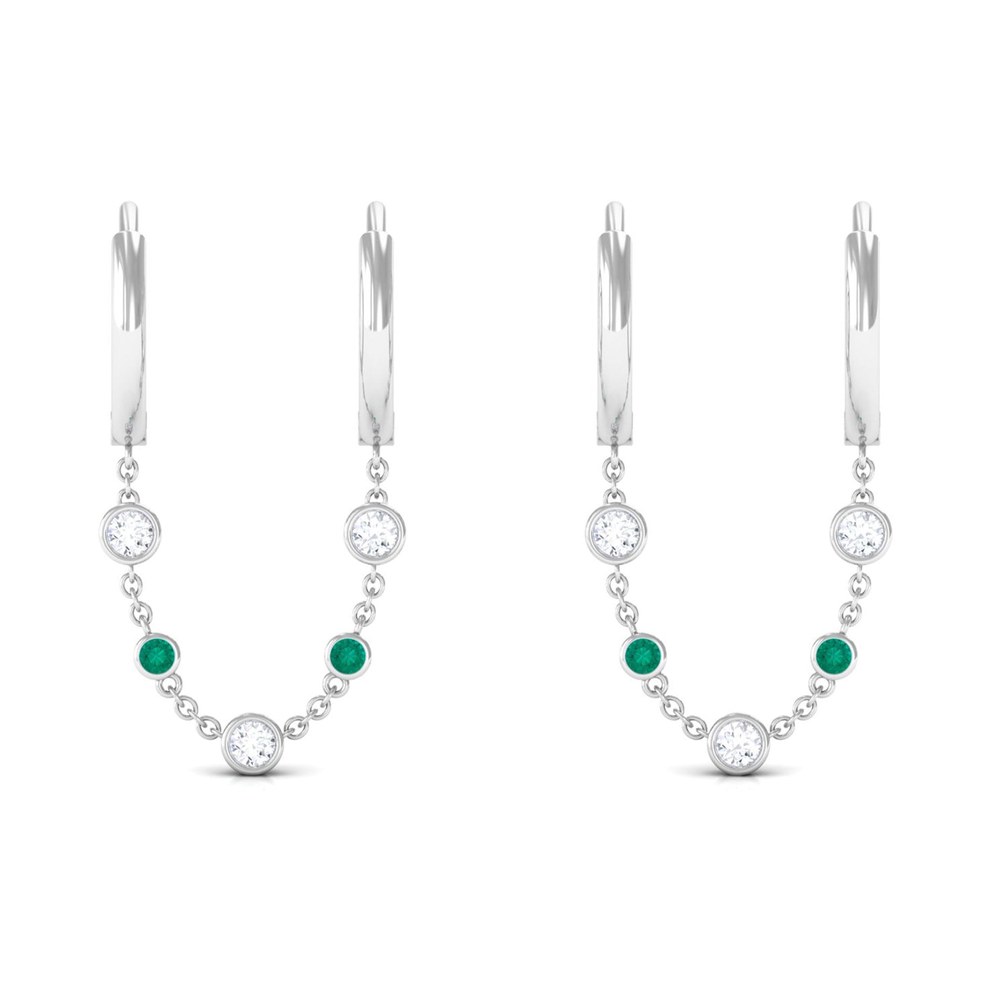 Certified Moissanite Chain Hoop Earrings with Emerald D-VS1 - Sparkanite Jewels