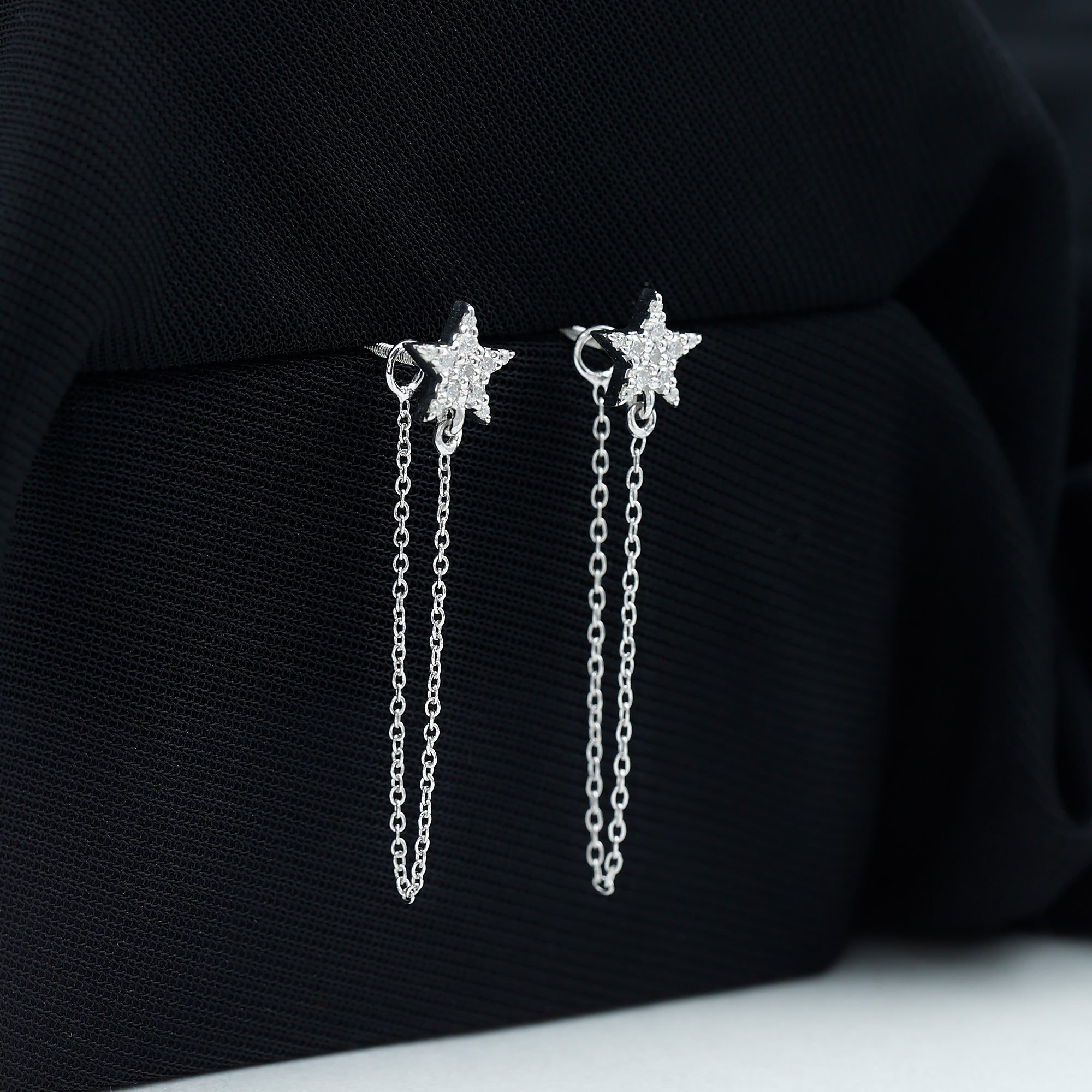 Minimal Star Chain Earrings with Certified Moissanite D-VS1 - Sparkanite Jewels