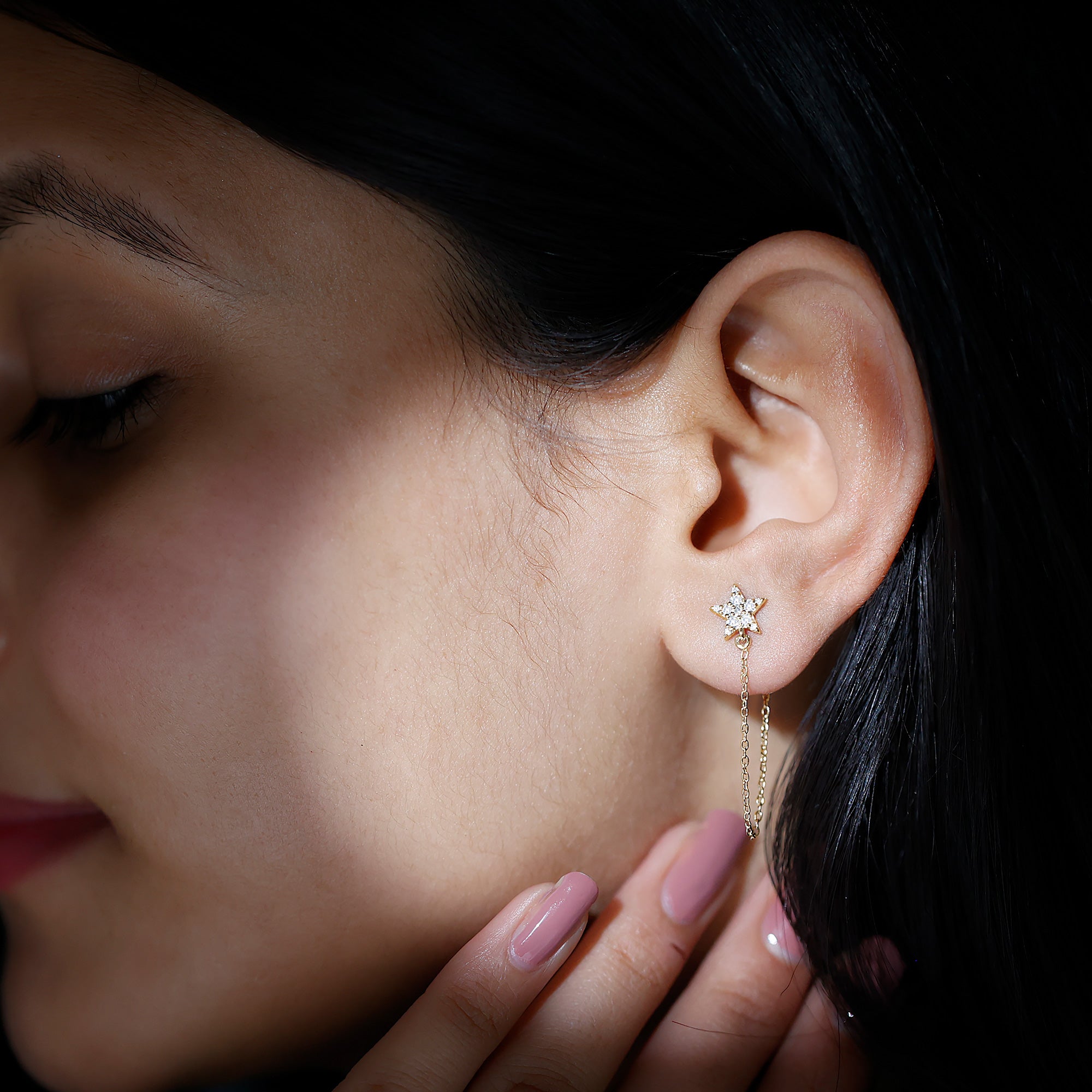 Minimal Star Chain Earrings with Certified Moissanite D-VS1 - Sparkanite Jewels