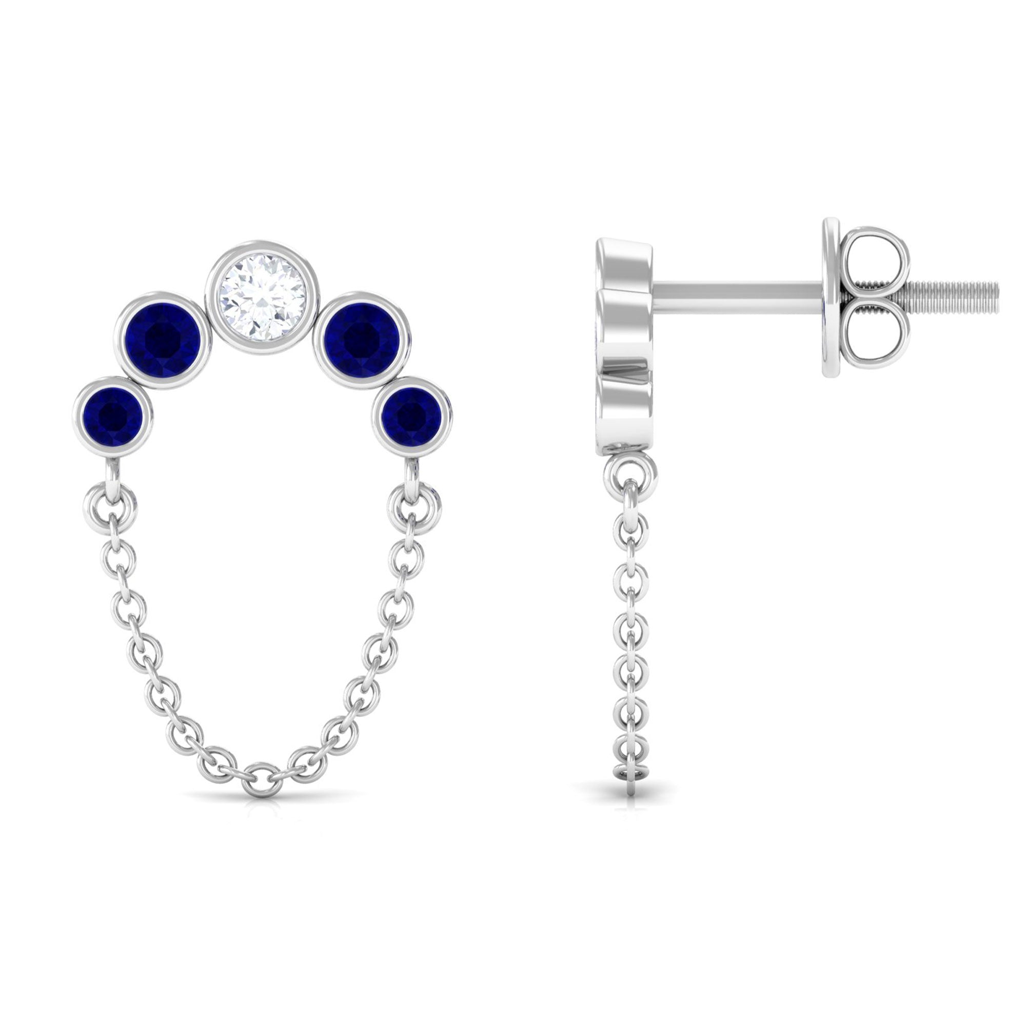 Certified Moissanite Drop Chain Earrings with Blue Sapphire D-VS1 - Sparkanite Jewels