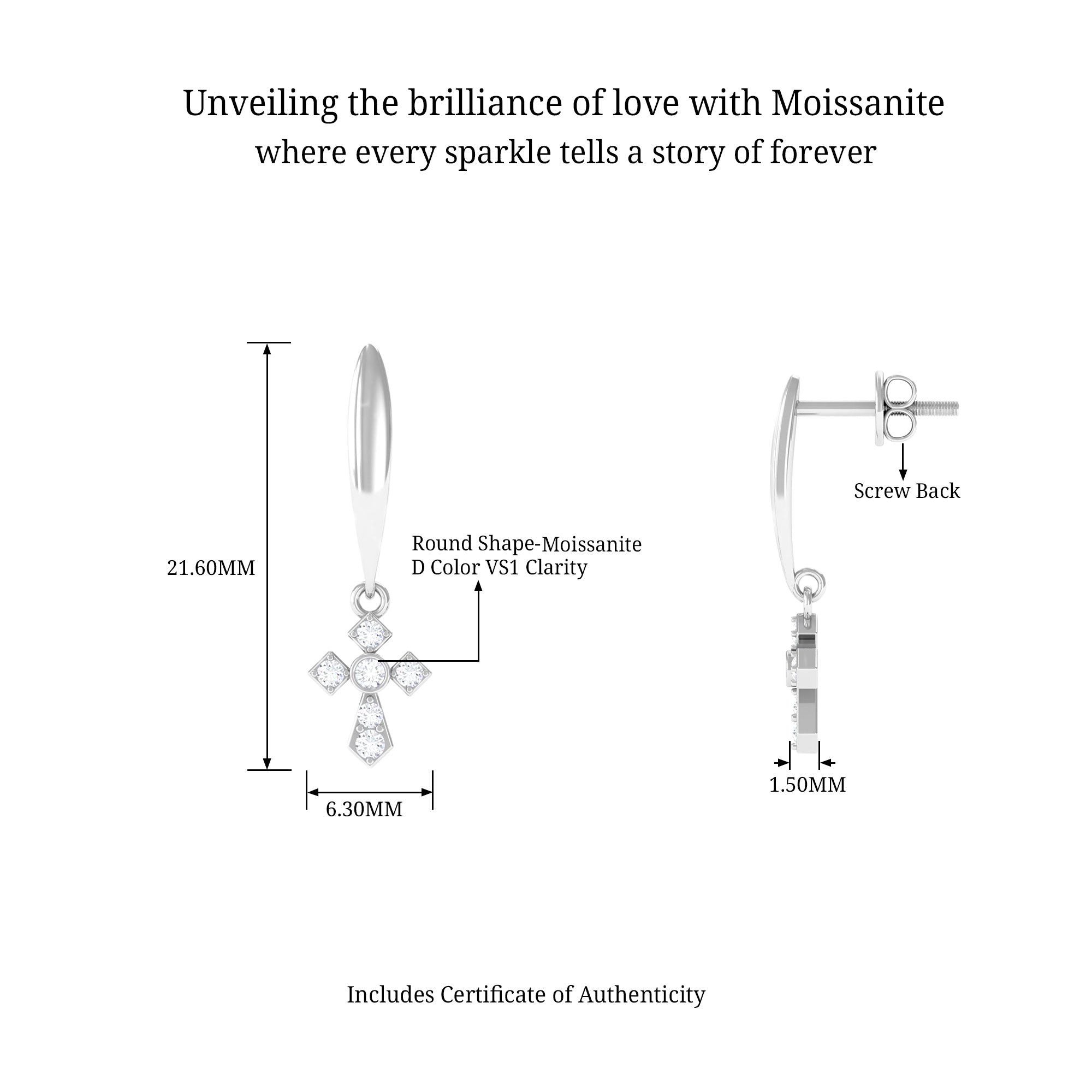 Minimal Certified Moissanite Cross Drop Earrings D-VS1 - Sparkanite Jewels