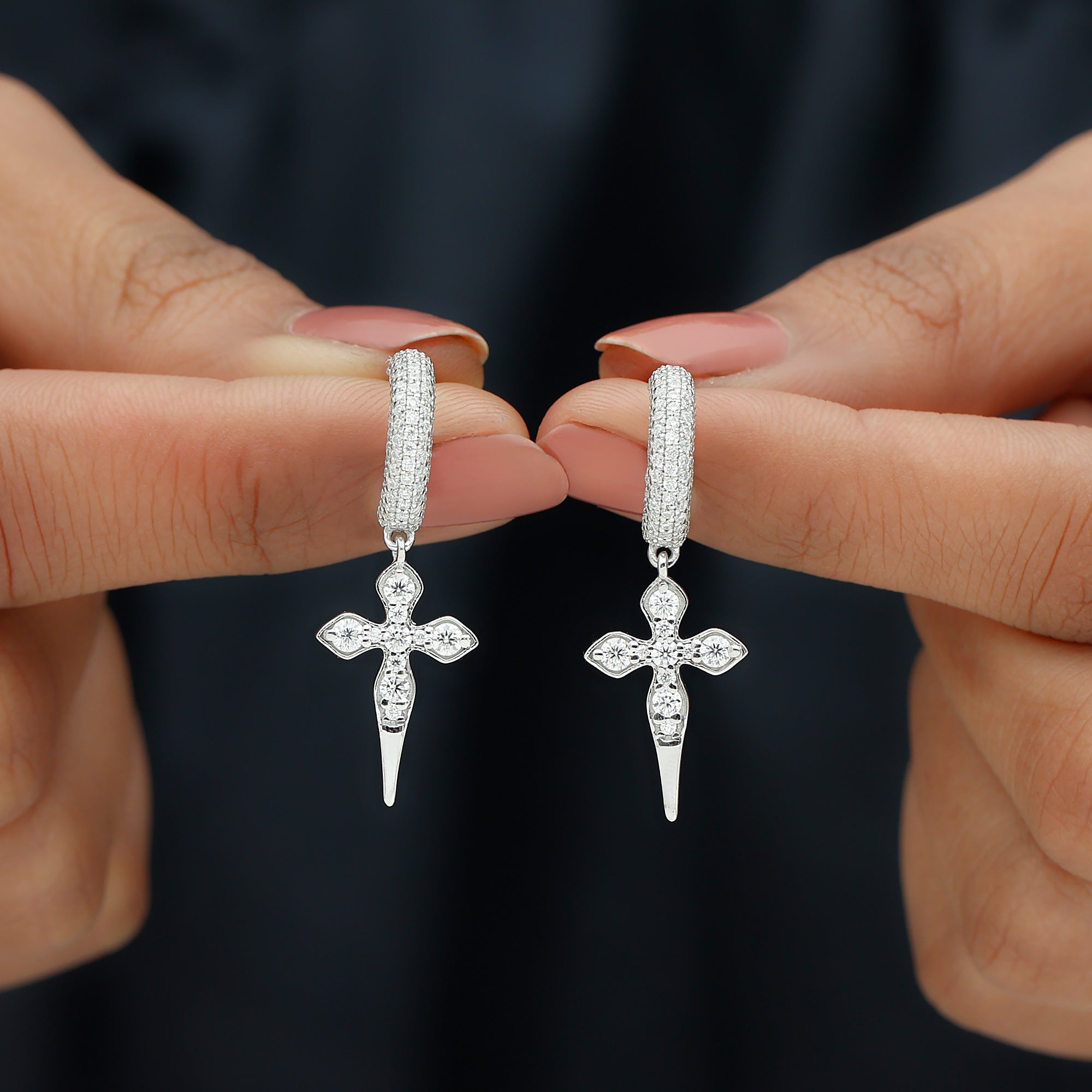 Certified Moissanite Vintage Inspired Cross Drop Earrings D-VS1 - Sparkanite Jewels