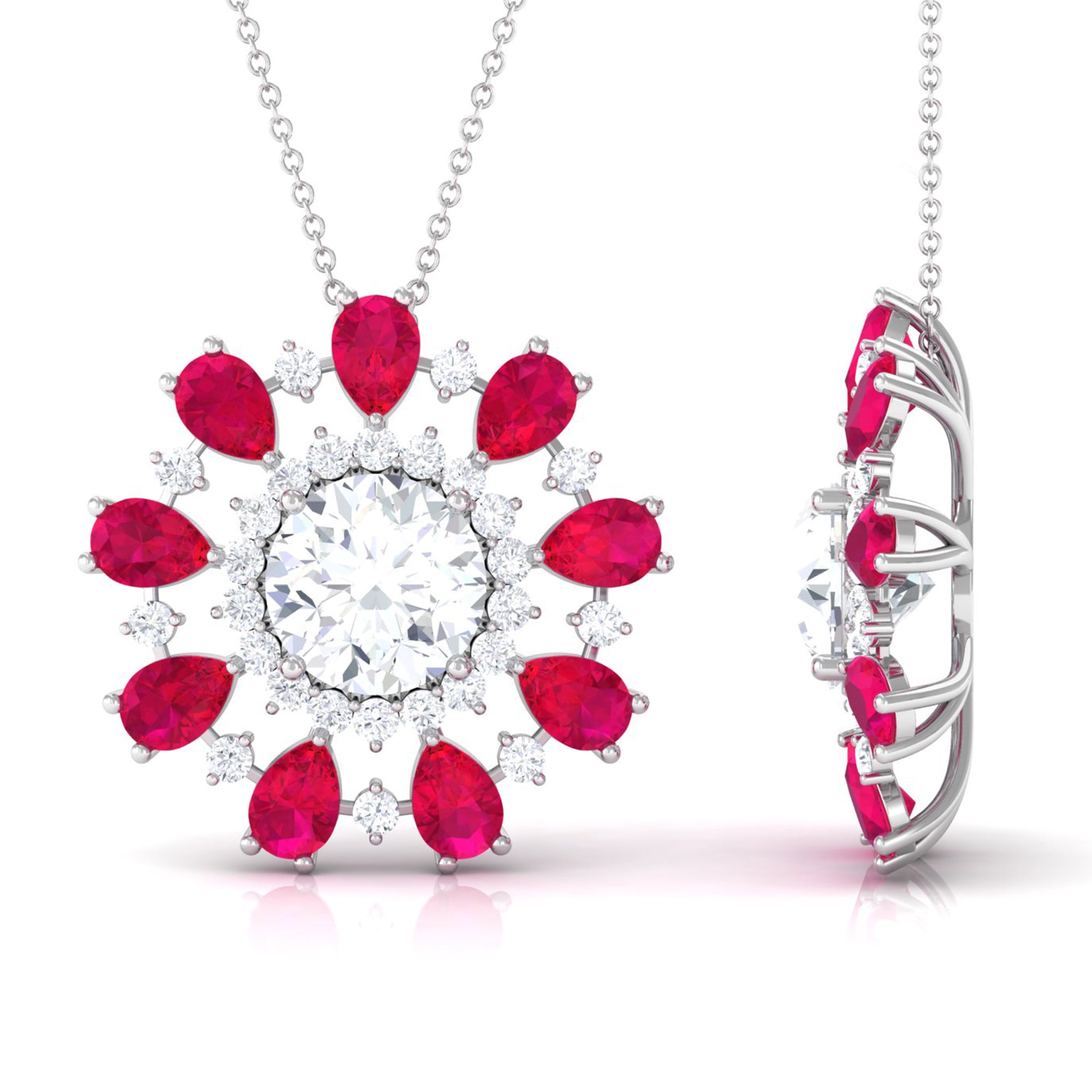 Certified Moissanite Floral Inspired Pendant Necklace with Ruby D-VS1 10 MM - Sparkanite Jewels