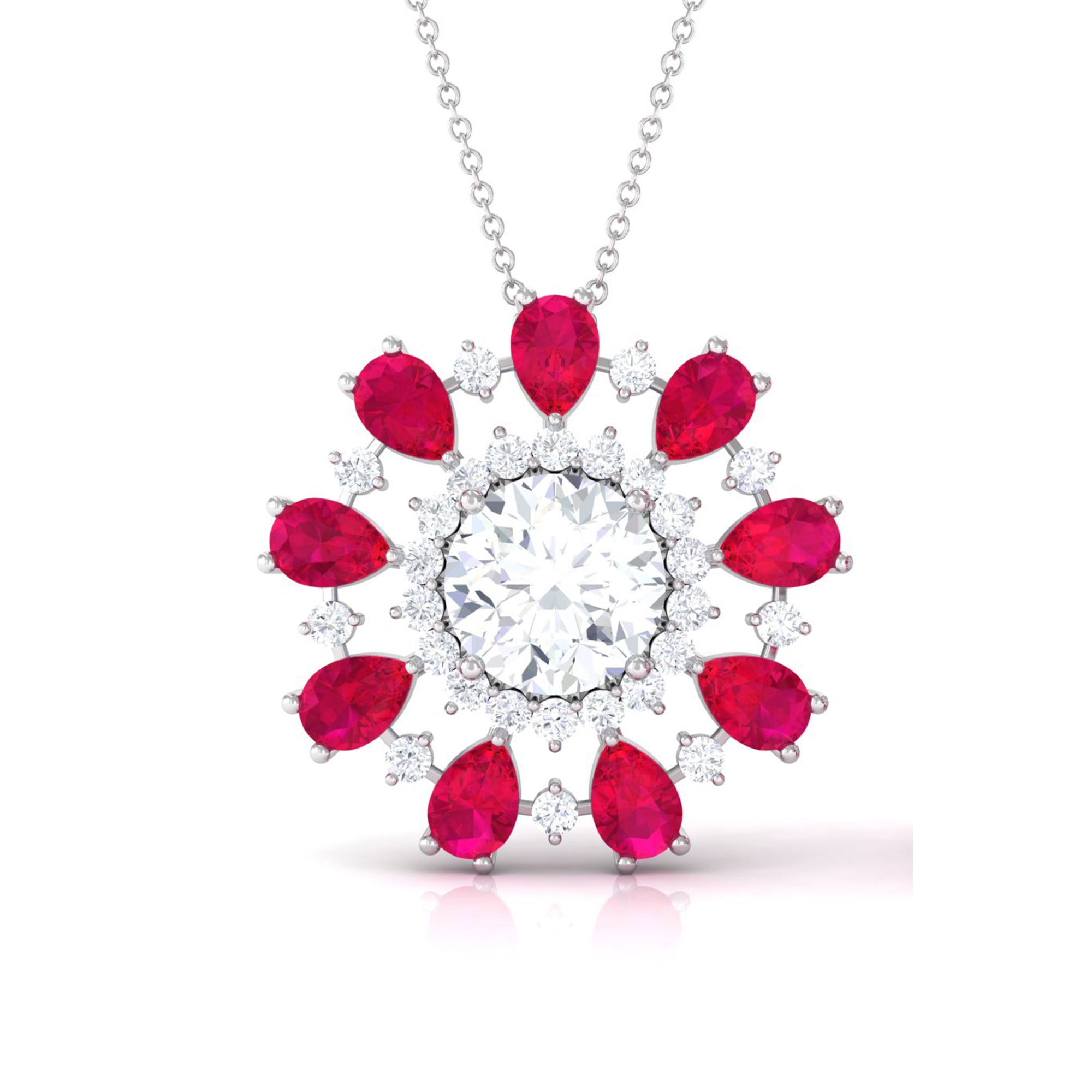 Certified Moissanite Floral Inspired Pendant Necklace with Ruby D-VS1 10 MM - Sparkanite Jewels