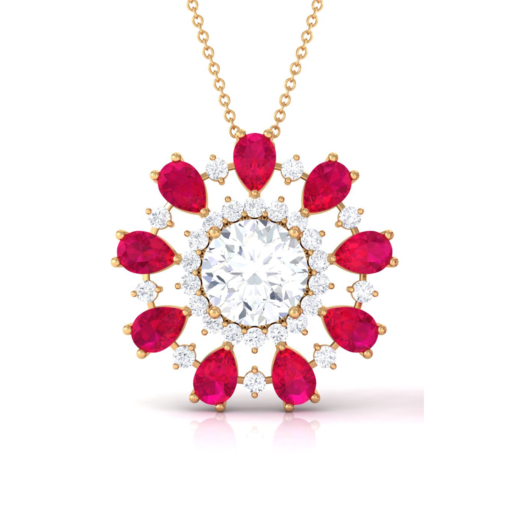 Certified Moissanite Floral Inspired Pendant Necklace with Ruby D-VS1 10 MM - Sparkanite Jewels