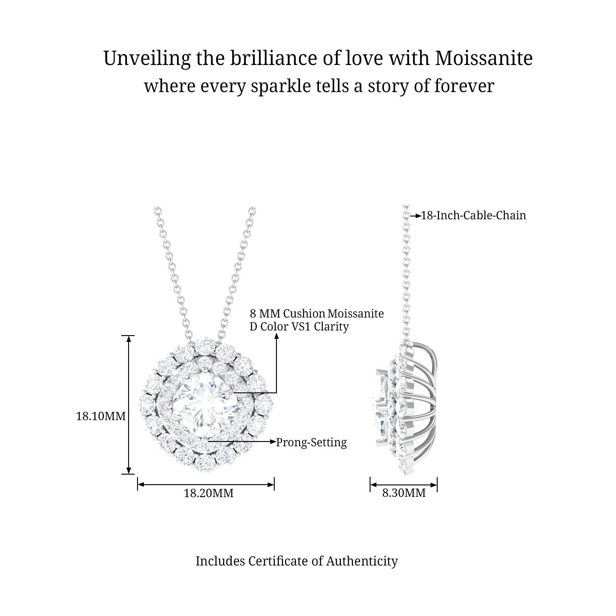 Cushion Shape Moissanite Pendant with Halo D-VS1 8 MM - Sparkanite Jewels
