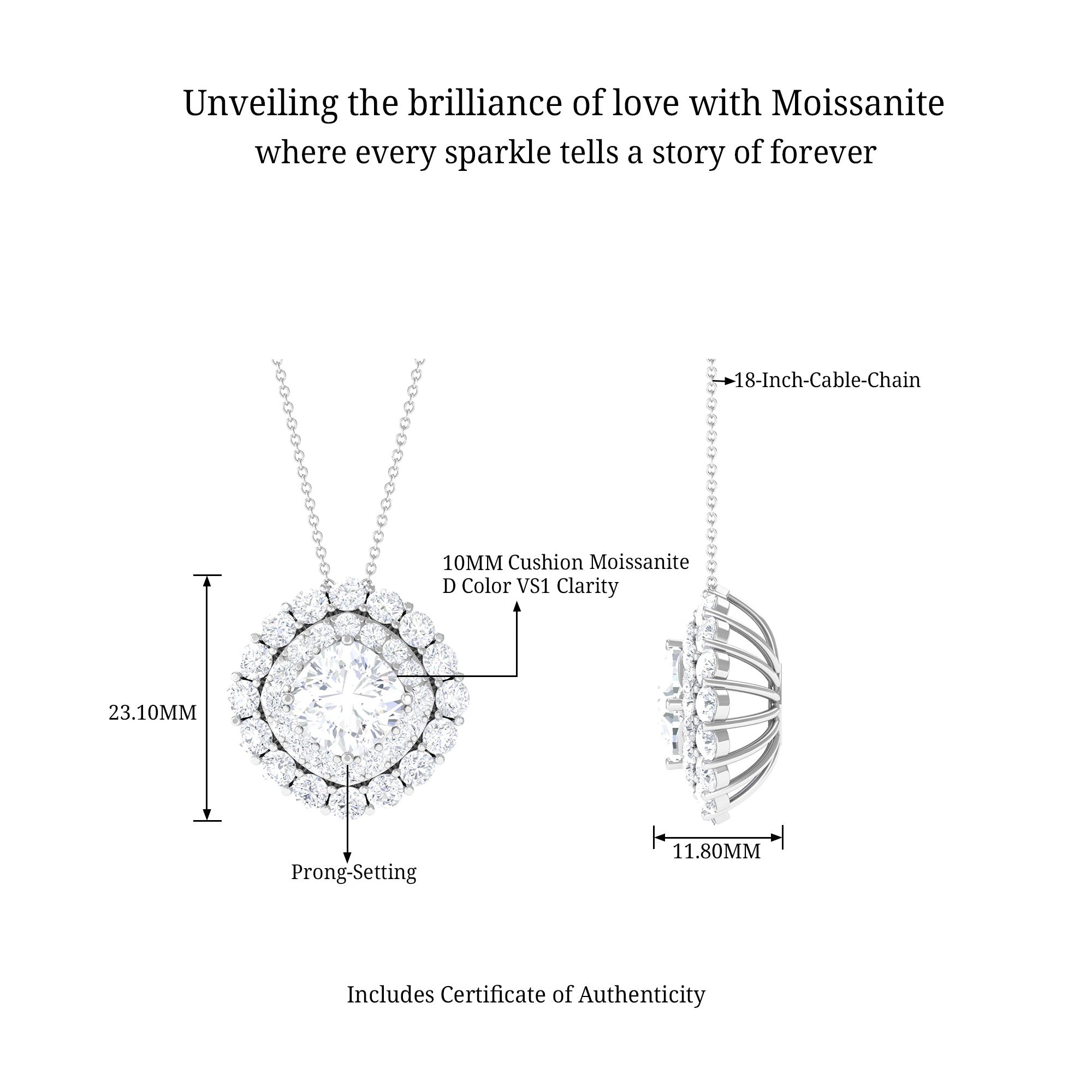 Cushion Shape Moissanite Pendant with Halo D-VS1 10 MM - Sparkanite Jewels