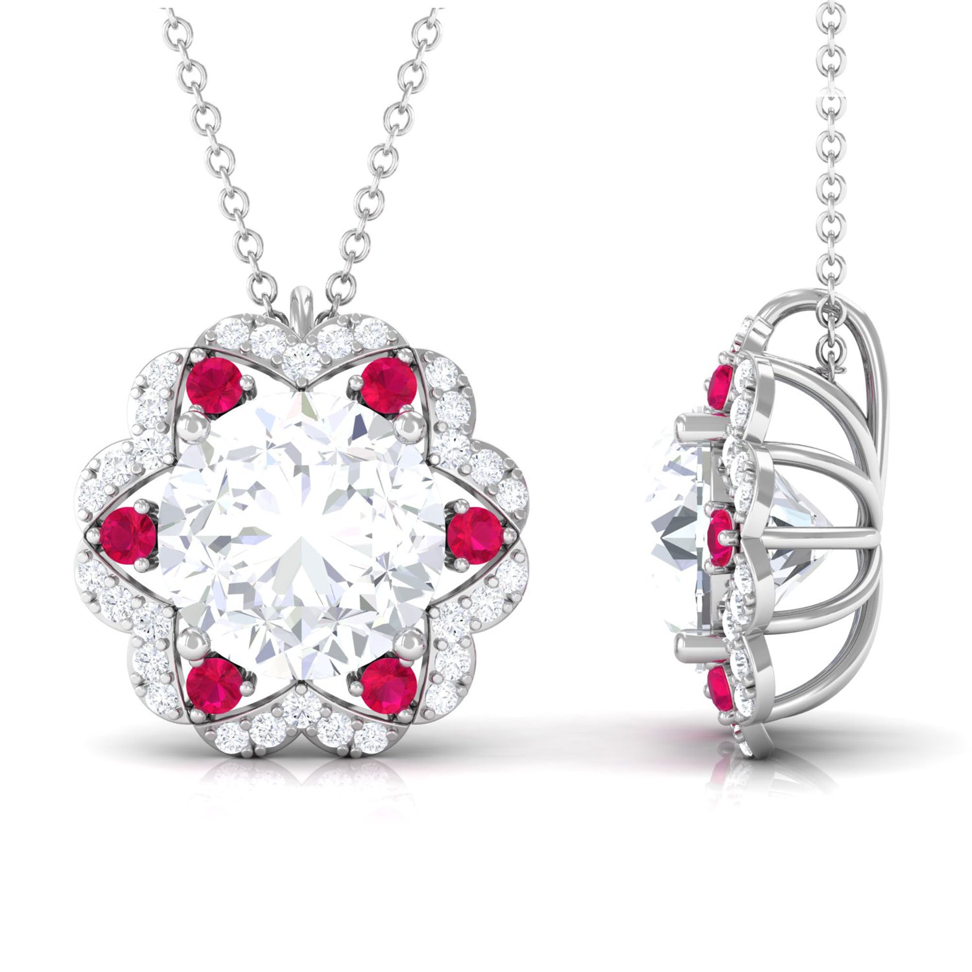Statement Floral Inspired Pendant Necklace with Ruby and Moissanite D-VS1 10 MM - Sparkanite Jewels