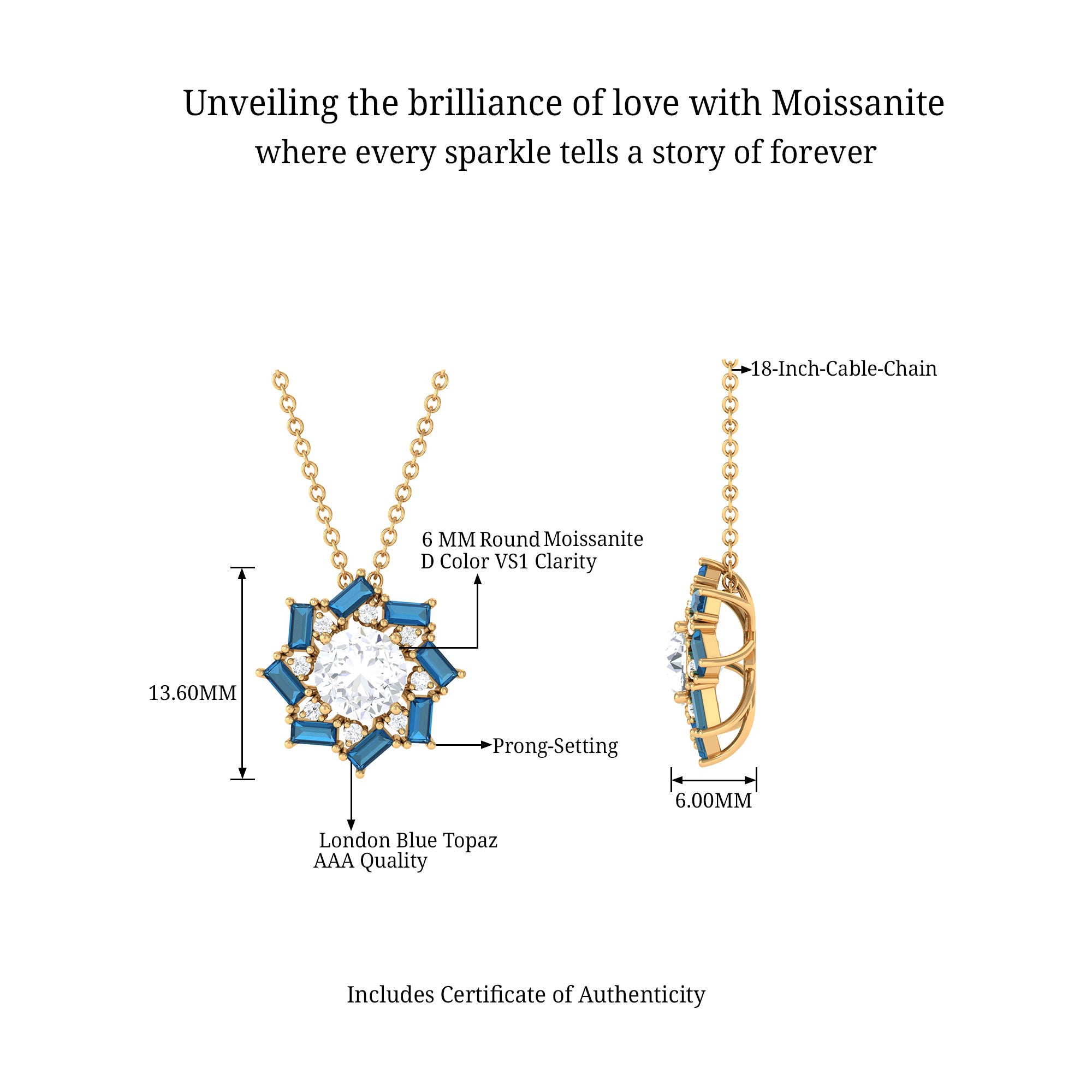 Round Moissanite Designer Floral Inspired Pendant with London Blue Topaz D-VS1 6 MM - Sparkanite Jewels
