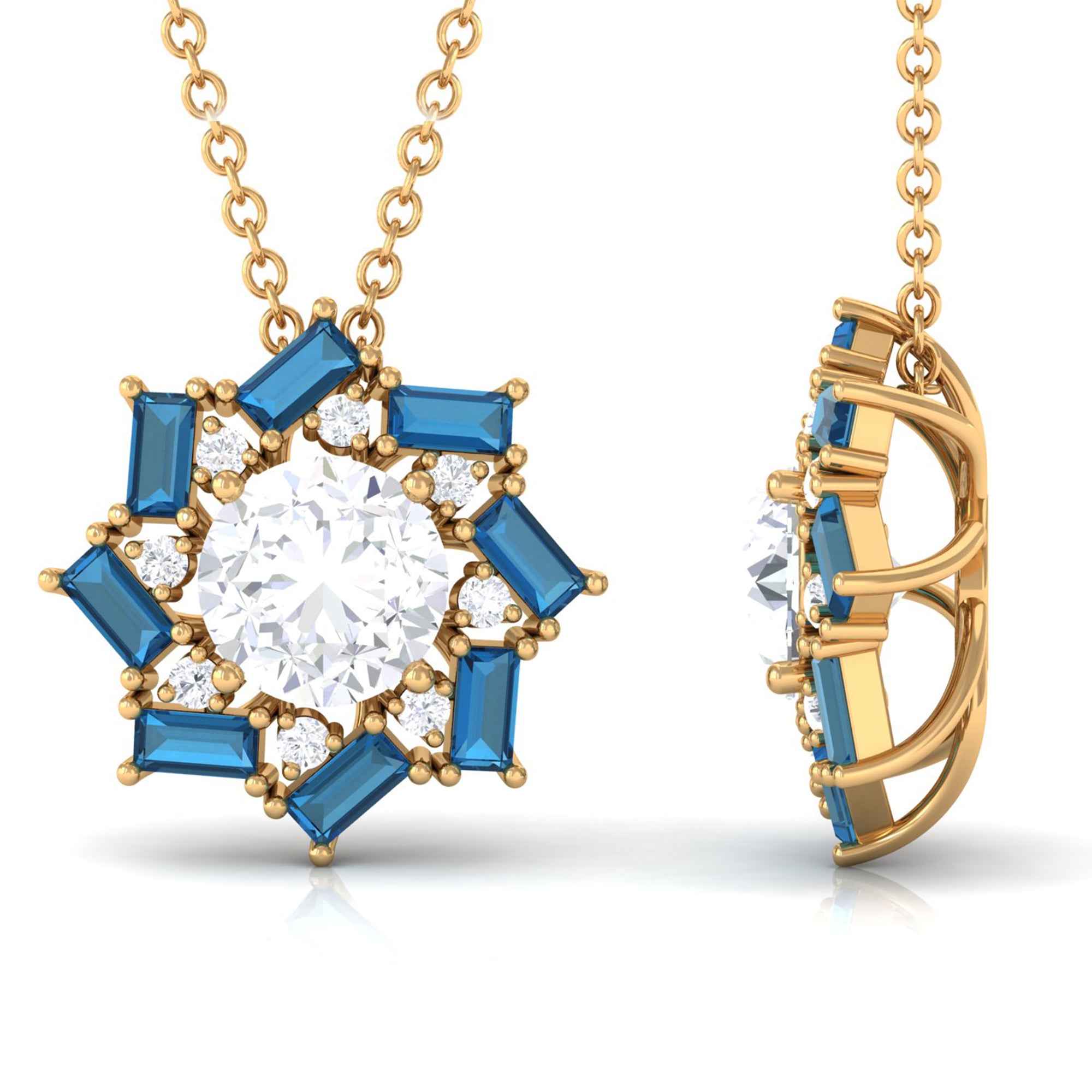 Round Moissanite Designer Floral Inspired Pendant with London Blue Topaz D-VS1 6 MM - Sparkanite Jewels