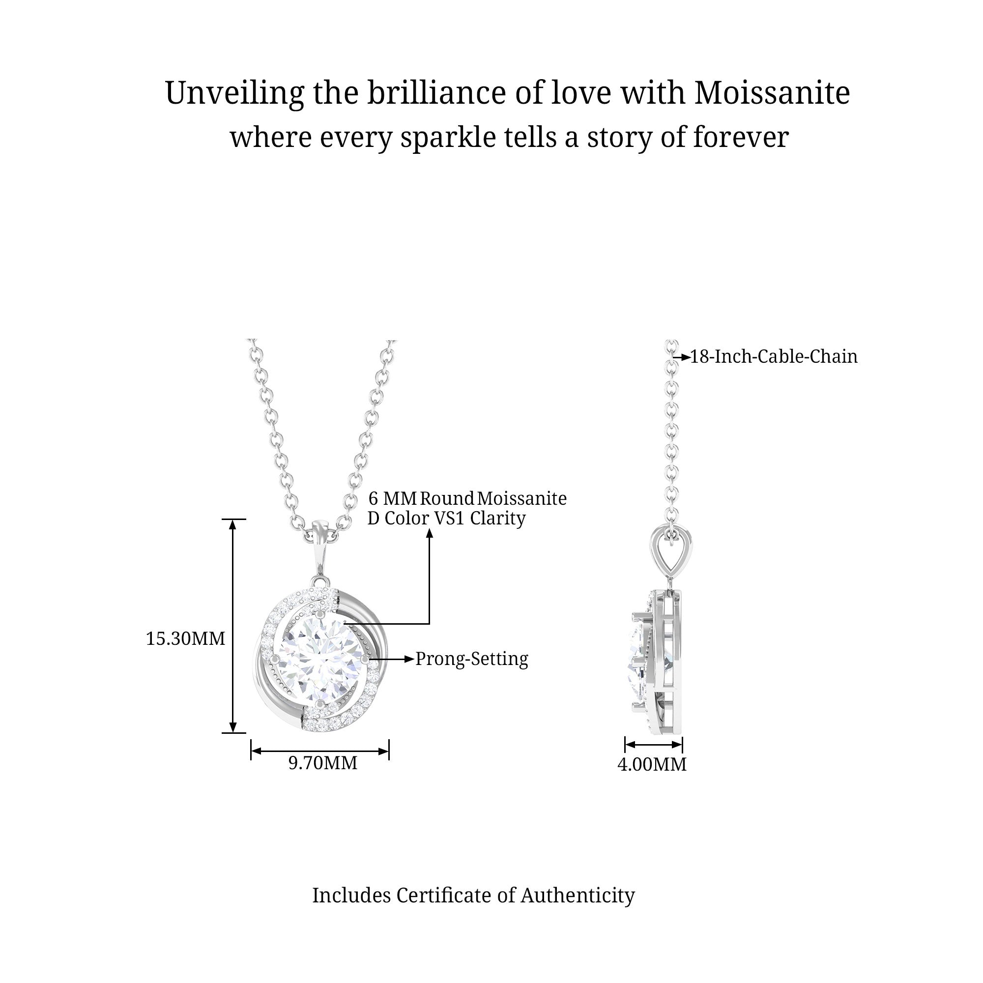 Classic Moissanite Swirl Pendant Necklace D-VS1 6 MM - Sparkanite Jewels