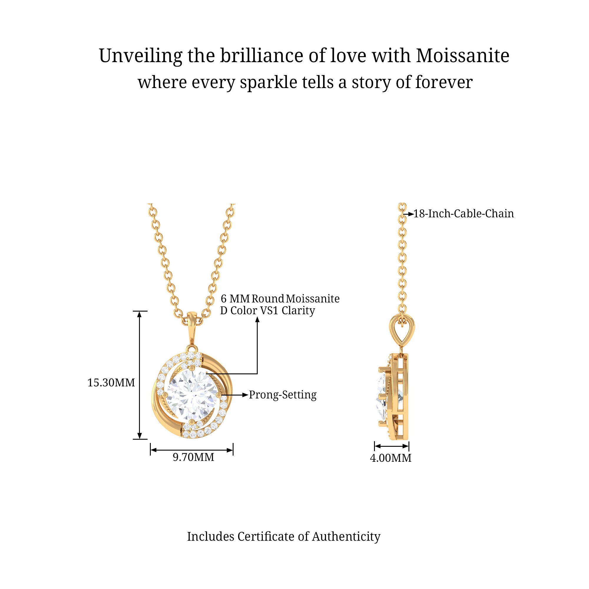 Classic Moissanite Swirl Pendant Necklace D-VS1 6 MM - Sparkanite Jewels