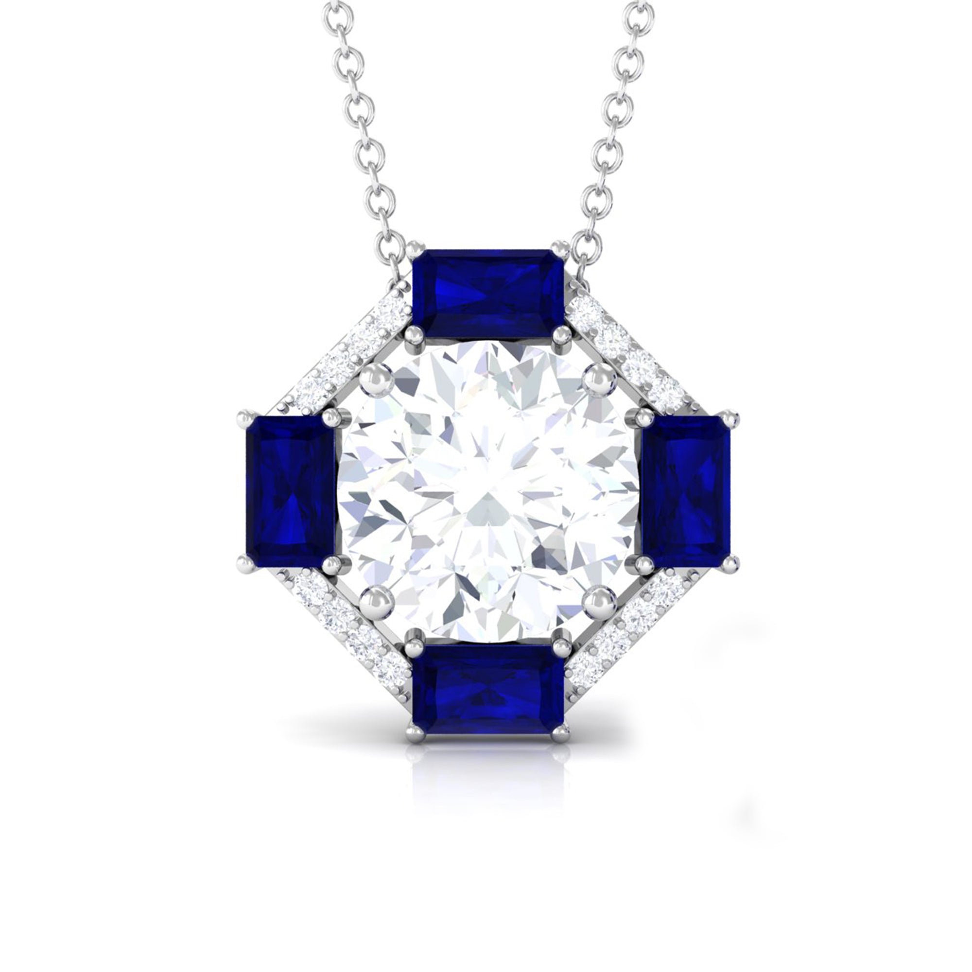 Contemporary Moissanite Pendant Necklace with Blue Sapphire D-VS1 10 MM - Sparkanite Jewels