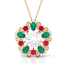 Certified Moissanite Floral Inspired Pendant with Emerald and Ruby D-VS1 10 MM - Sparkanite Jewels