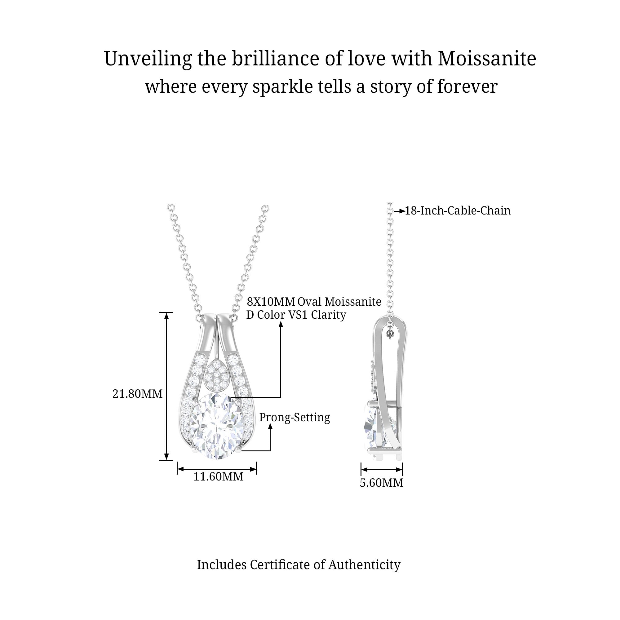 Oval Moissanite Teardrop Pendant Necklace D-VS1 8X10 MM - Sparkanite Jewels