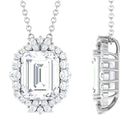 Colorless Emerald Cut Moissanite Statement Halo Pendant Necklace D-VS1 7X9 MM - Sparkanite Jewels