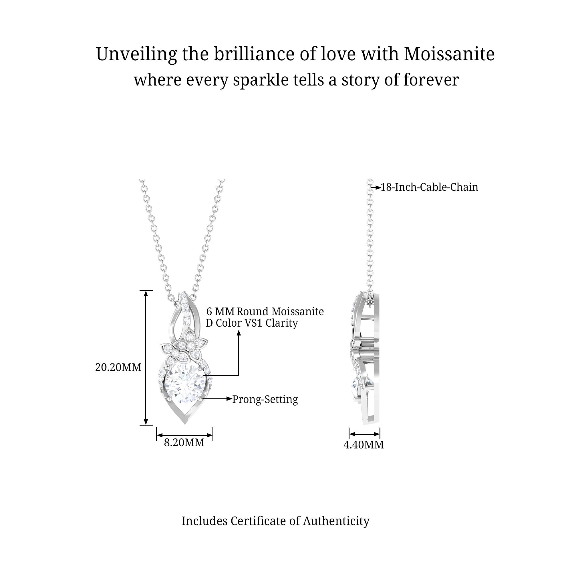 Certified Moissanite Nature Inspired Pendant Necklace D-VS1 6 MM - Sparkanite Jewels