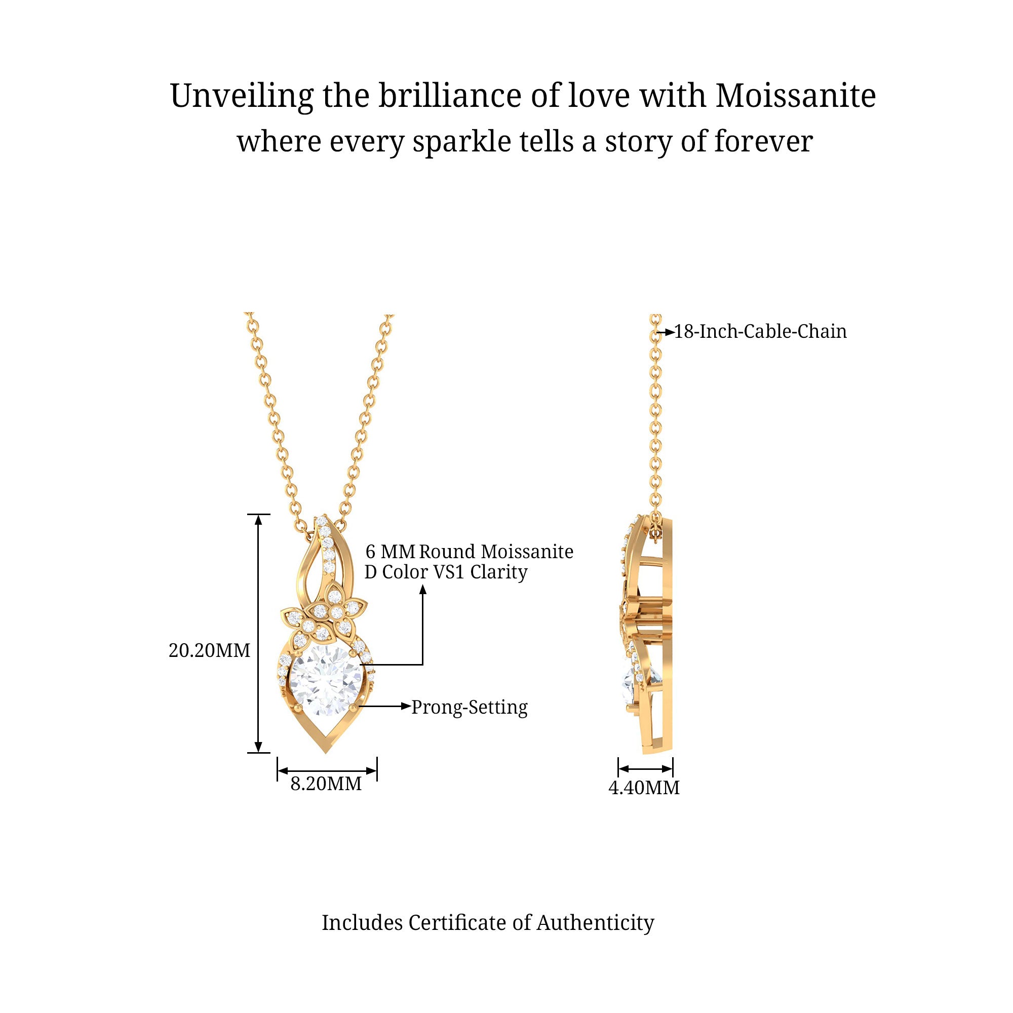 Certified Moissanite Nature Inspired Pendant Necklace D-VS1 6 MM - Sparkanite Jewels