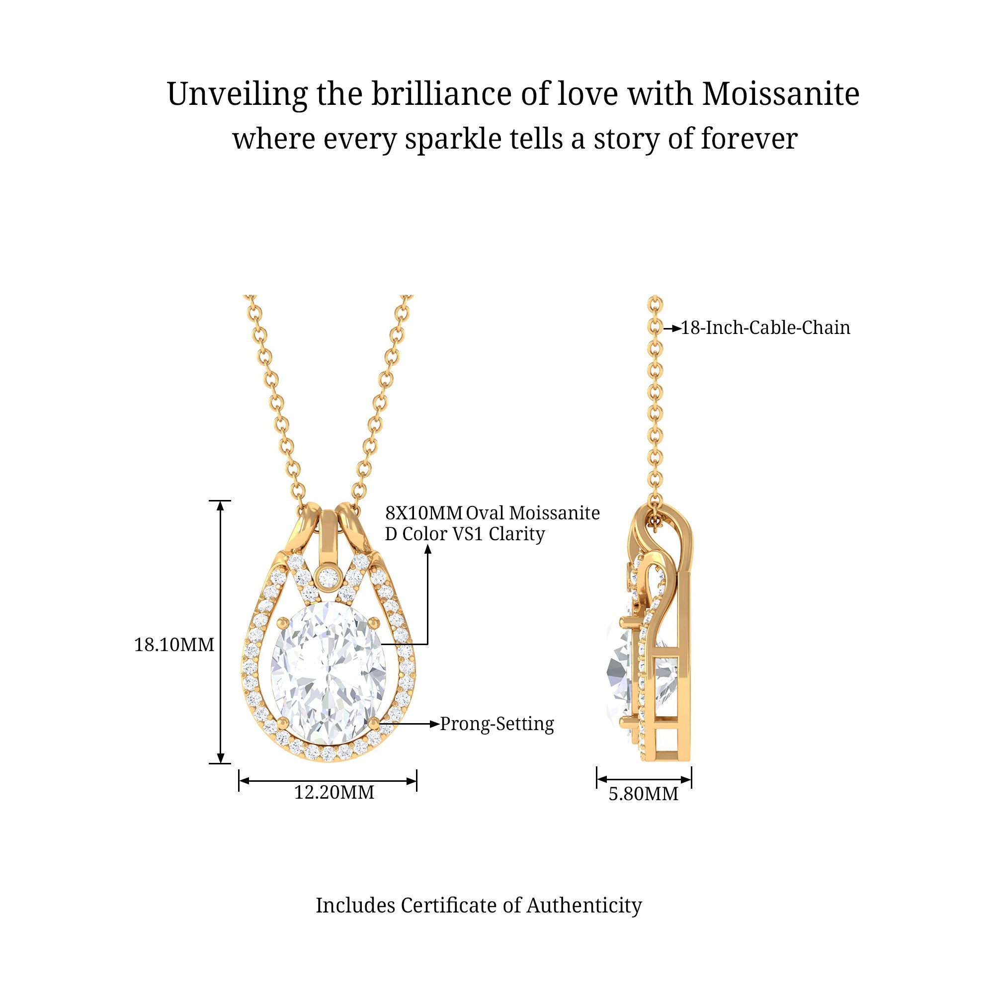 Oval Shape Moissanite Contemporary Teardrop Pendant Necklace D-VS1 8X10 MM - Sparkanite Jewels