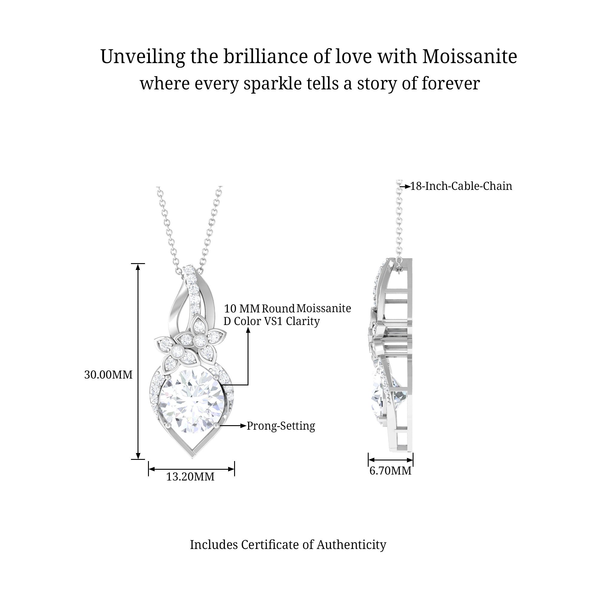 Certified Moissanite Nature Inspired Pendant Necklace D-VS1 10 MM - Sparkanite Jewels