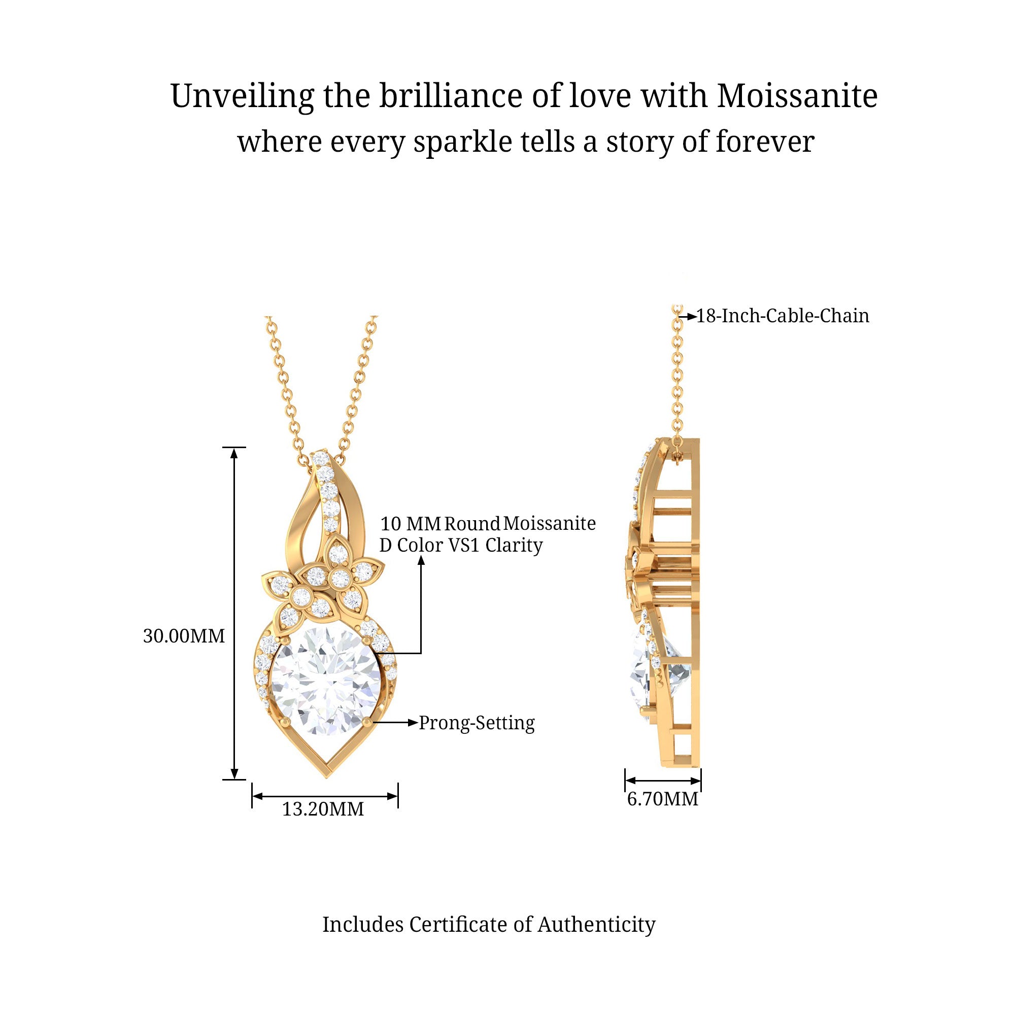 Certified Moissanite Nature Inspired Pendant Necklace D-VS1 10 MM - Sparkanite Jewels