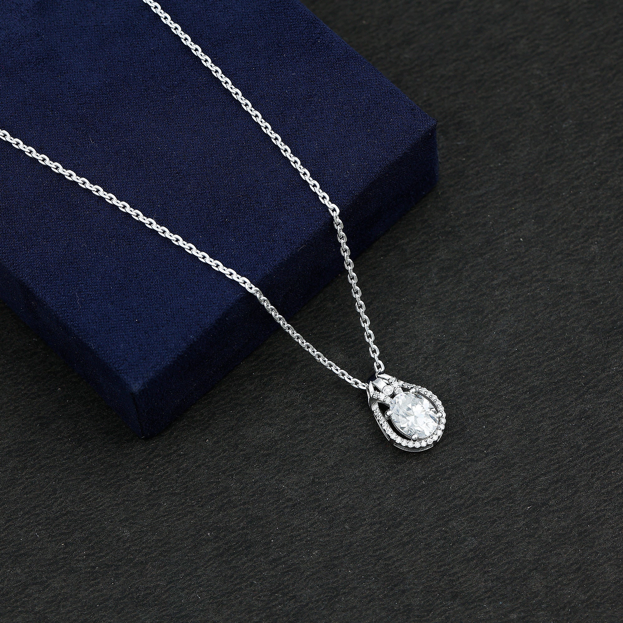 Oval Shape Moissanite Contemporary Teardrop Pendant Necklace D-VS1 7X9 MM - Sparkanite Jewels