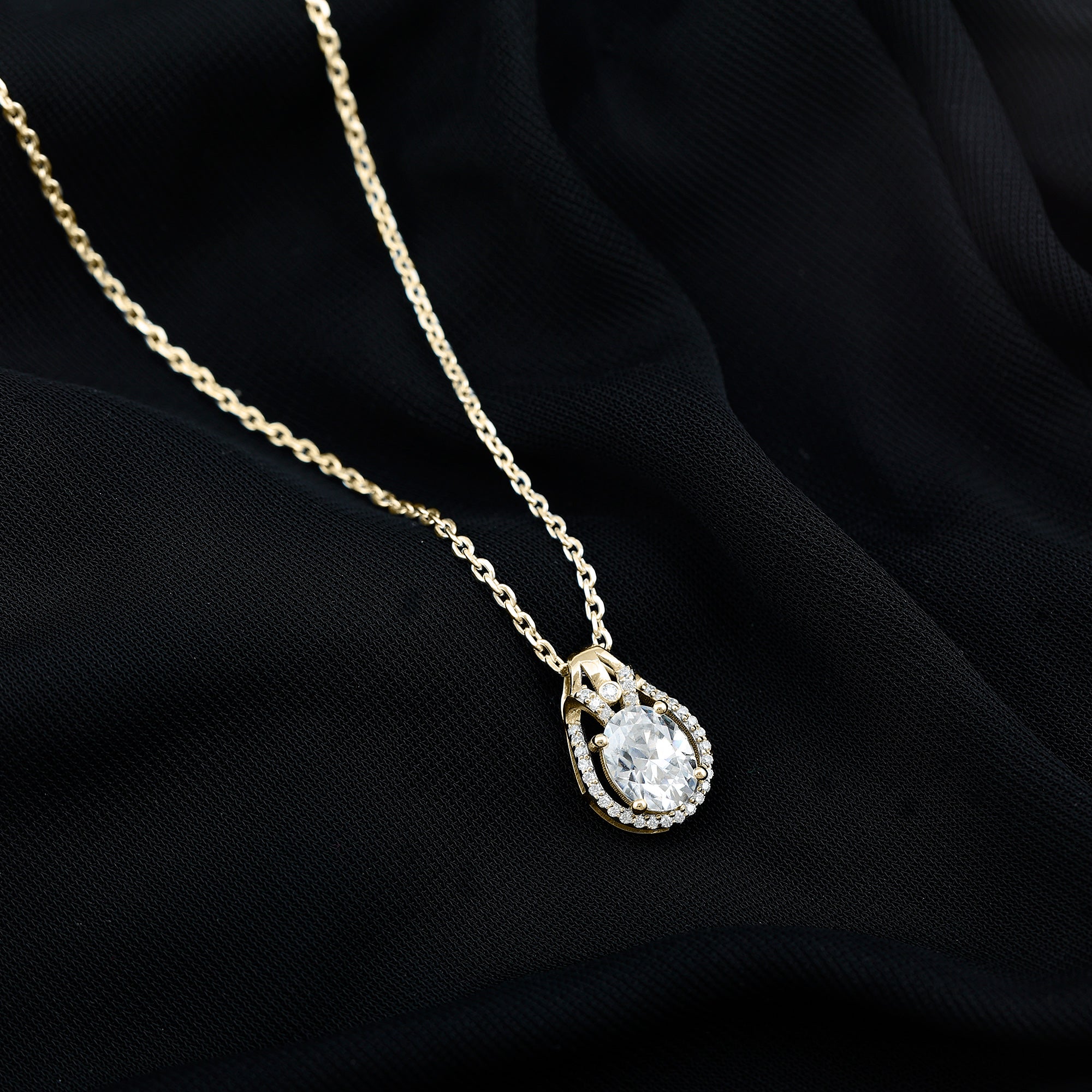 Oval Shape Moissanite Contemporary Teardrop Pendant Necklace D-VS1 7X9 MM - Sparkanite Jewels
