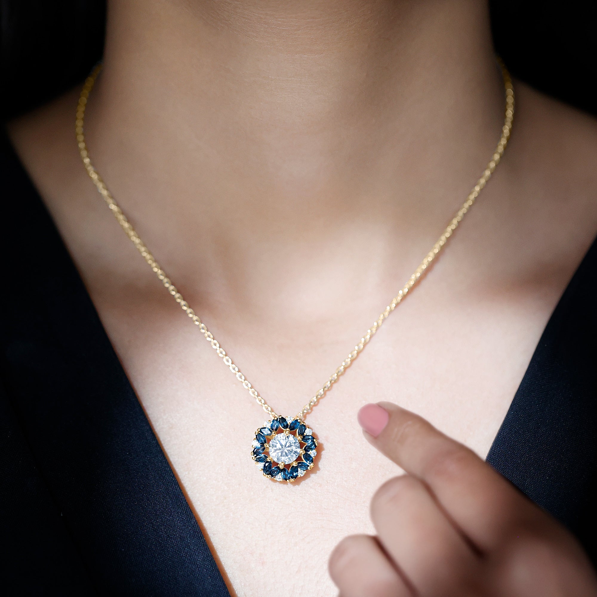 Moissanite Pendant Necklace with London Blue Topaz Halo D-VS1 - Sparkanite Jewels
