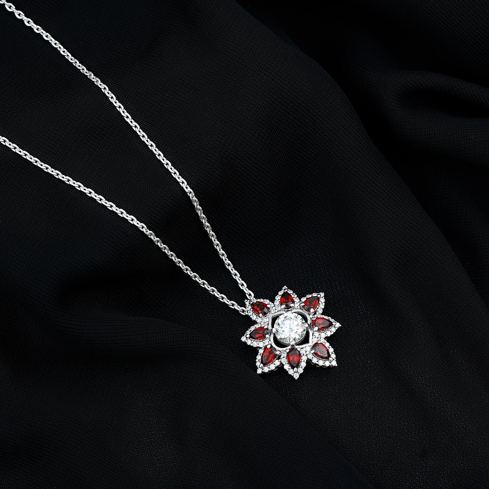 Certified Moissanite Statement Floral Inspired Pendant with Garnet D-VS1 - Sparkanite Jewels
