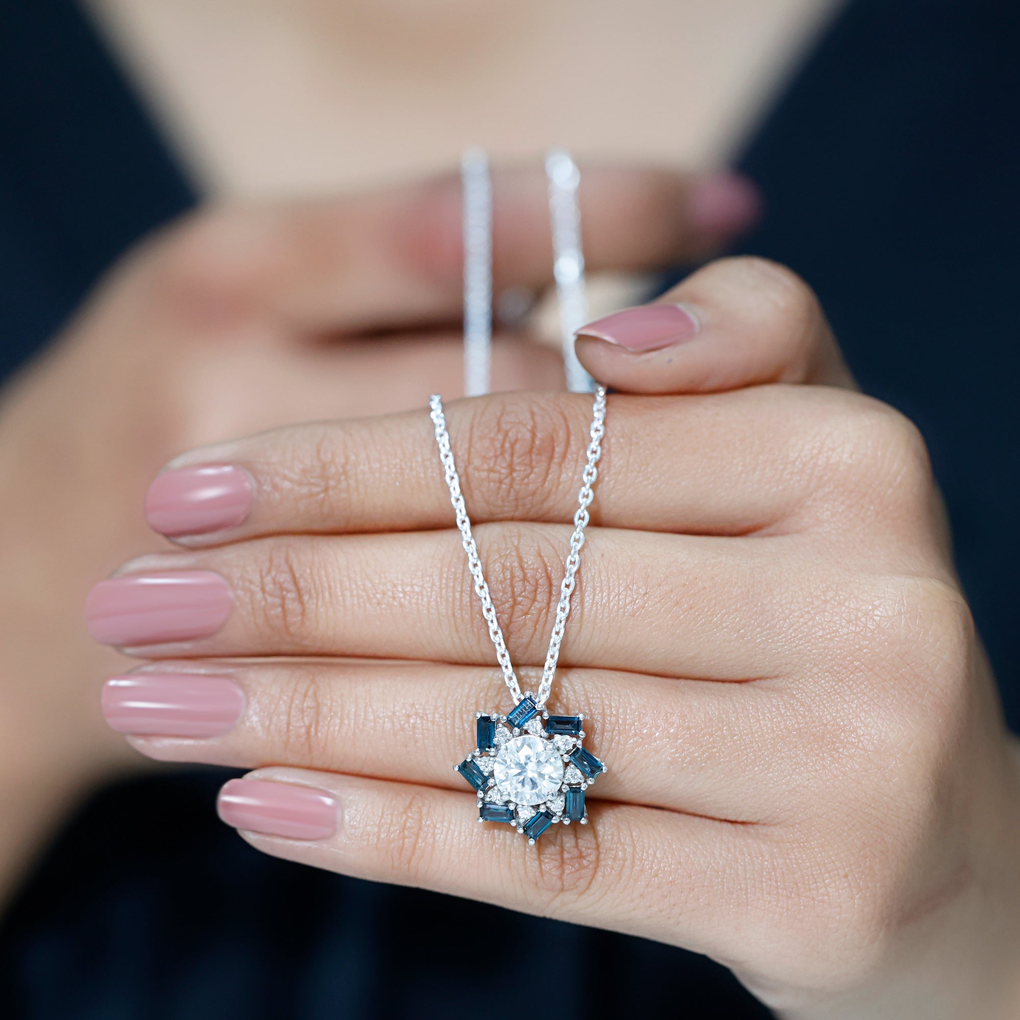 Round Moissanite Designer Floral Inspired Pendant with London Blue Topaz D-VS1 8 MM - Sparkanite Jewels