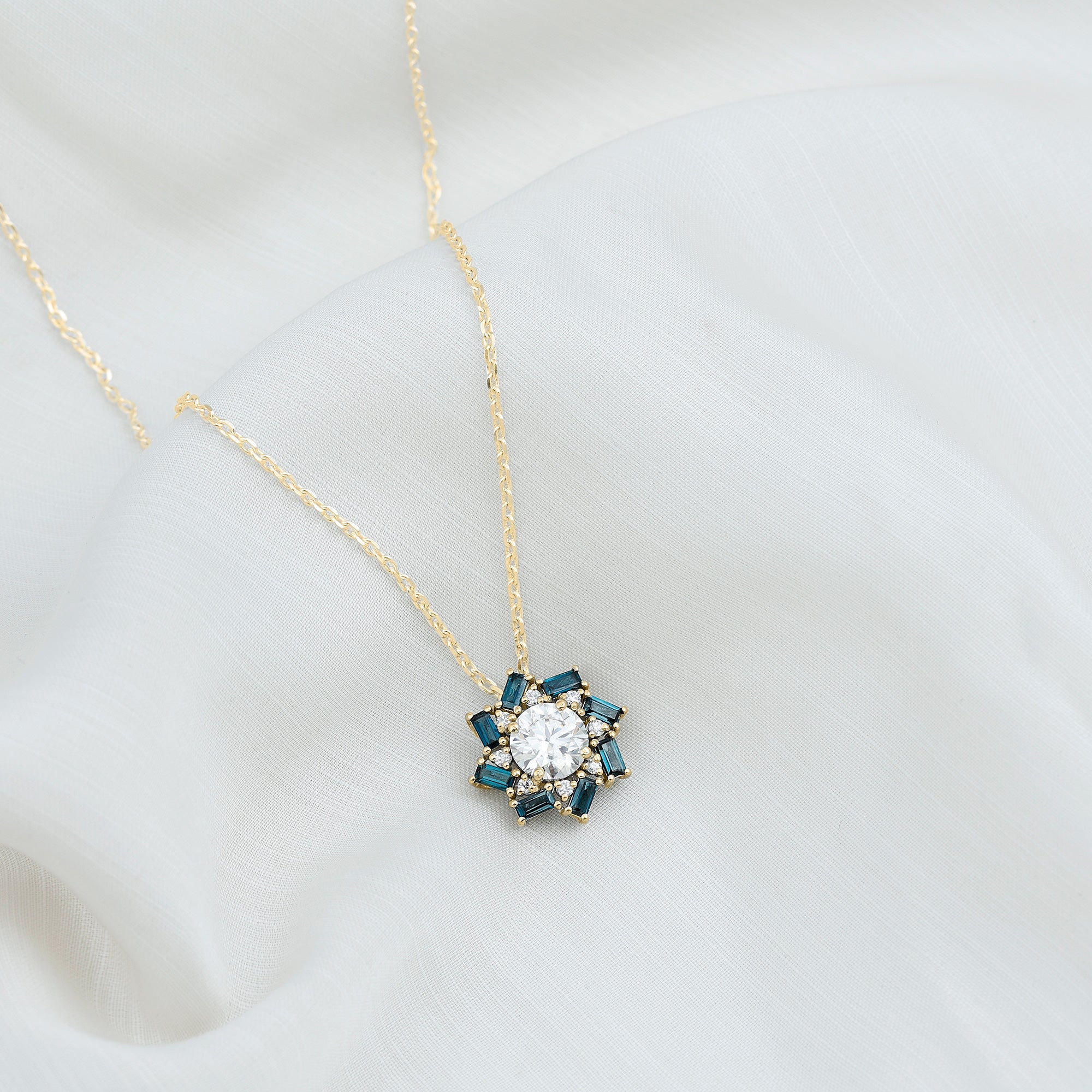 Round Moissanite Designer Floral Inspired Pendant with London Blue Topaz D-VS1 8 MM - Sparkanite Jewels