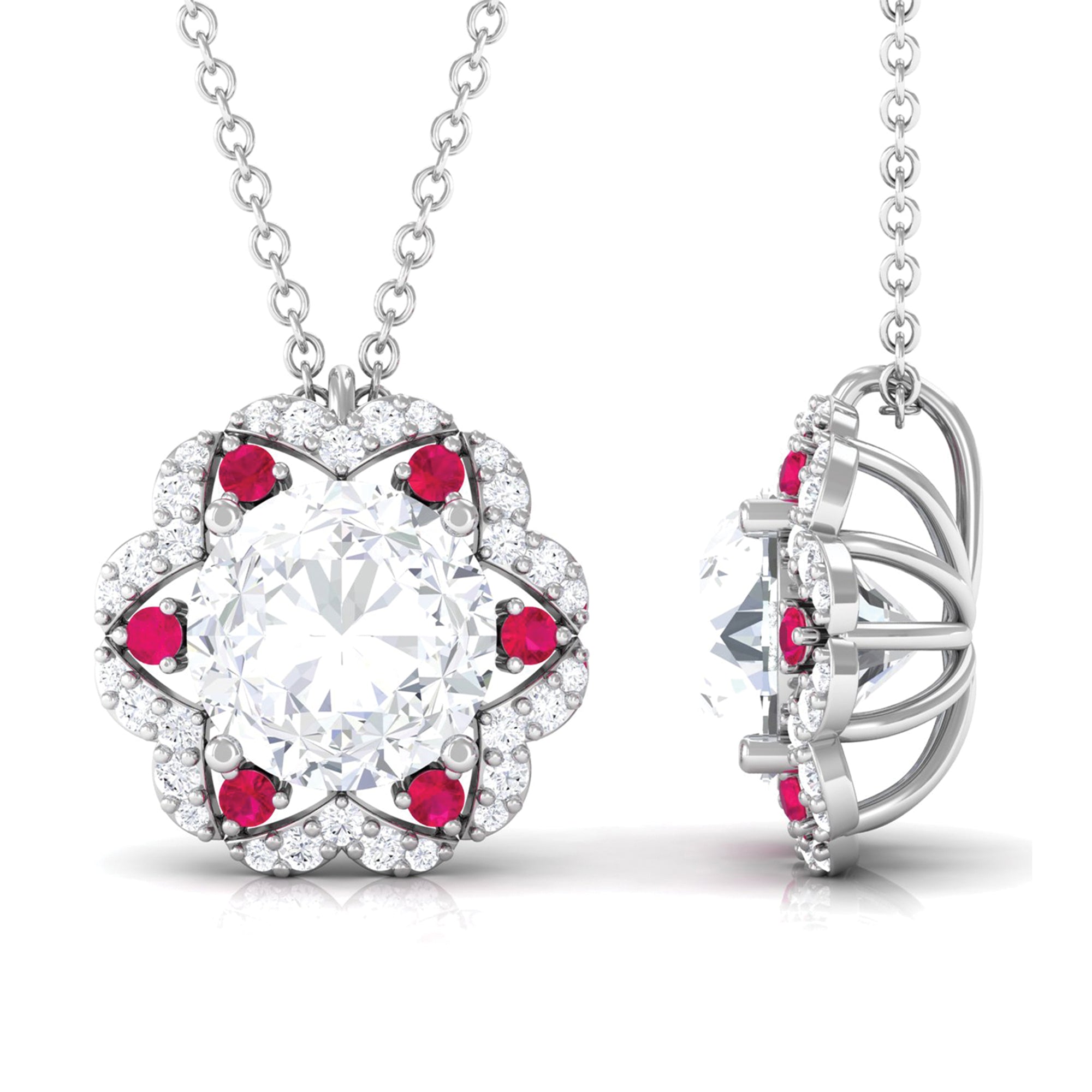 Statement Floral Inspired Pendant Necklace with Ruby and Moissanite D-VS1 8 MM - Sparkanite Jewels