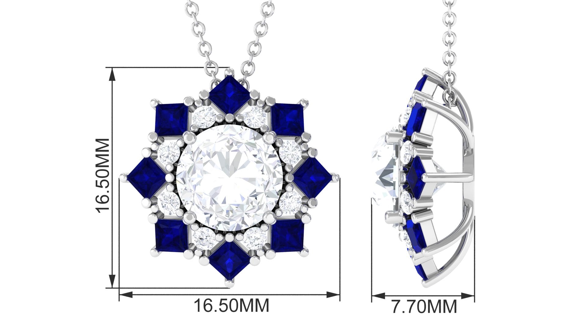 Round Moissanite Pendant with Blue Sapphire Halo - Sparkanite Jewels