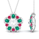 Certified Moissanite Floral Inspired Pendant with Emerald and Ruby D-VS1 8 MM - Sparkanite Jewels
