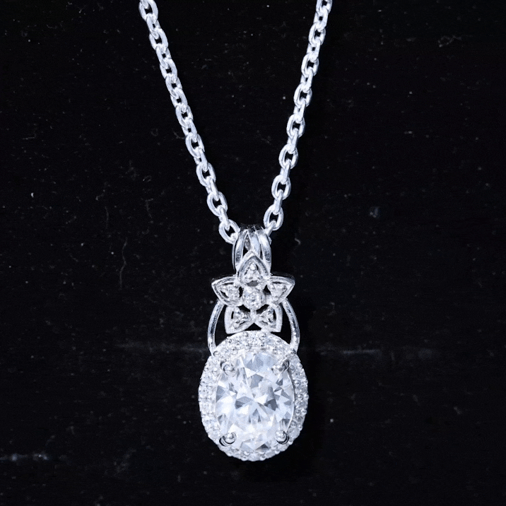 Vintage Inspired Moissanite Halo Pendant Necklace D-VS1 7X9 MM - Sparkanite Jewels