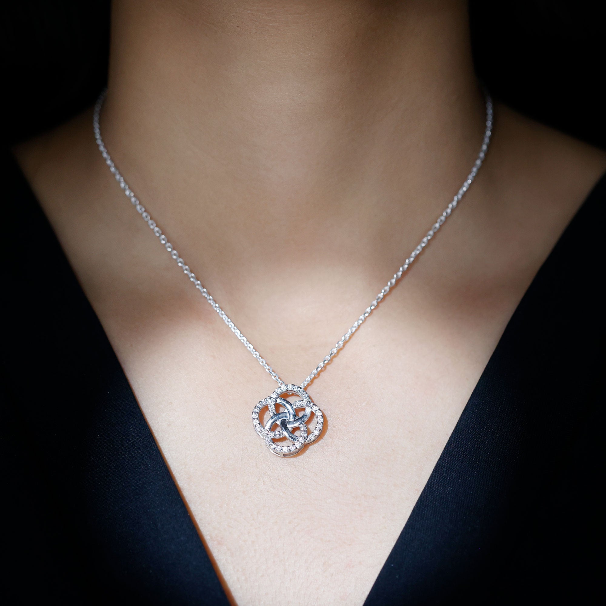 Sparkanite Jewels-Minimal Pave Set Moissanite Interlock Flower Inspired Pendant Necklace