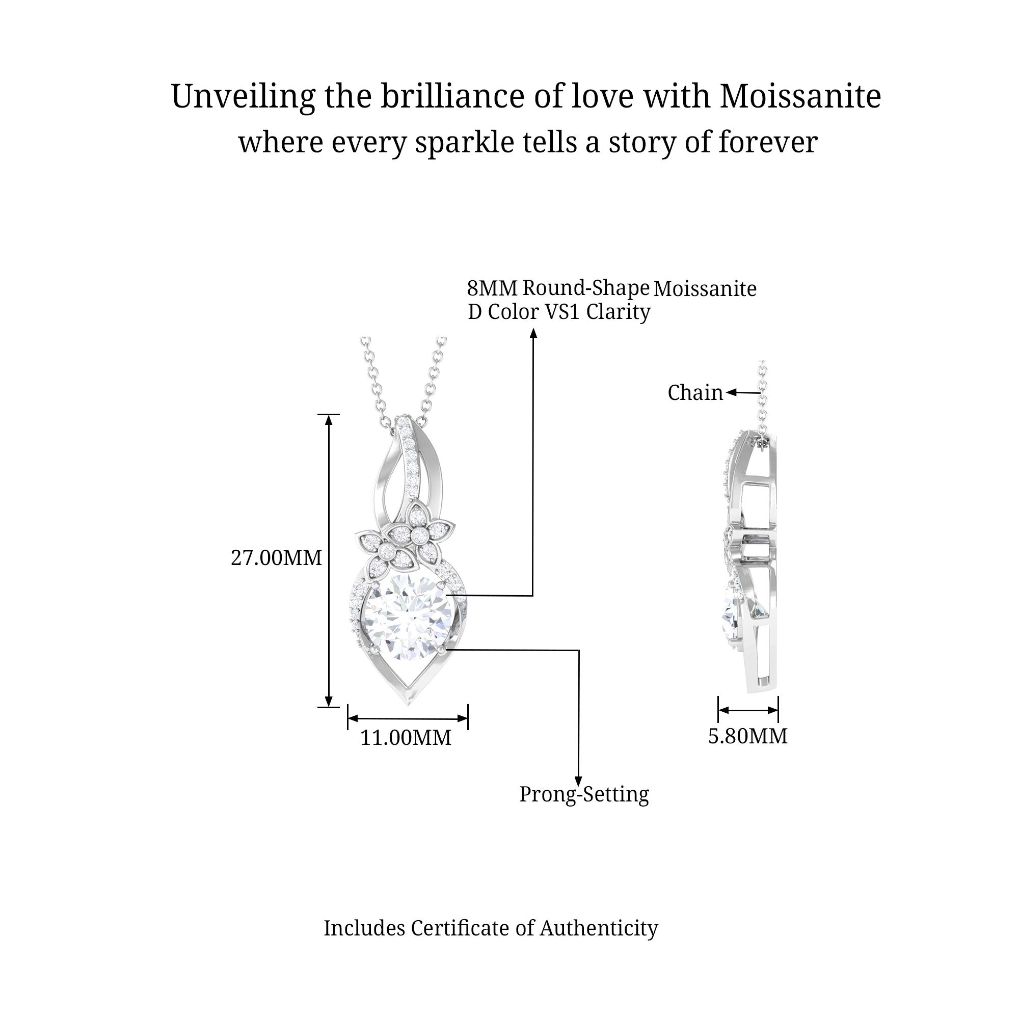Certified Moissanite Nature Inspired Pendant Necklace D-VS1 8 MM - Sparkanite Jewels