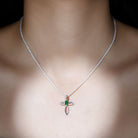 Sparkanite Jewels-Certified Moissanite Cross Silver Pendant with Lab Grown Emerald