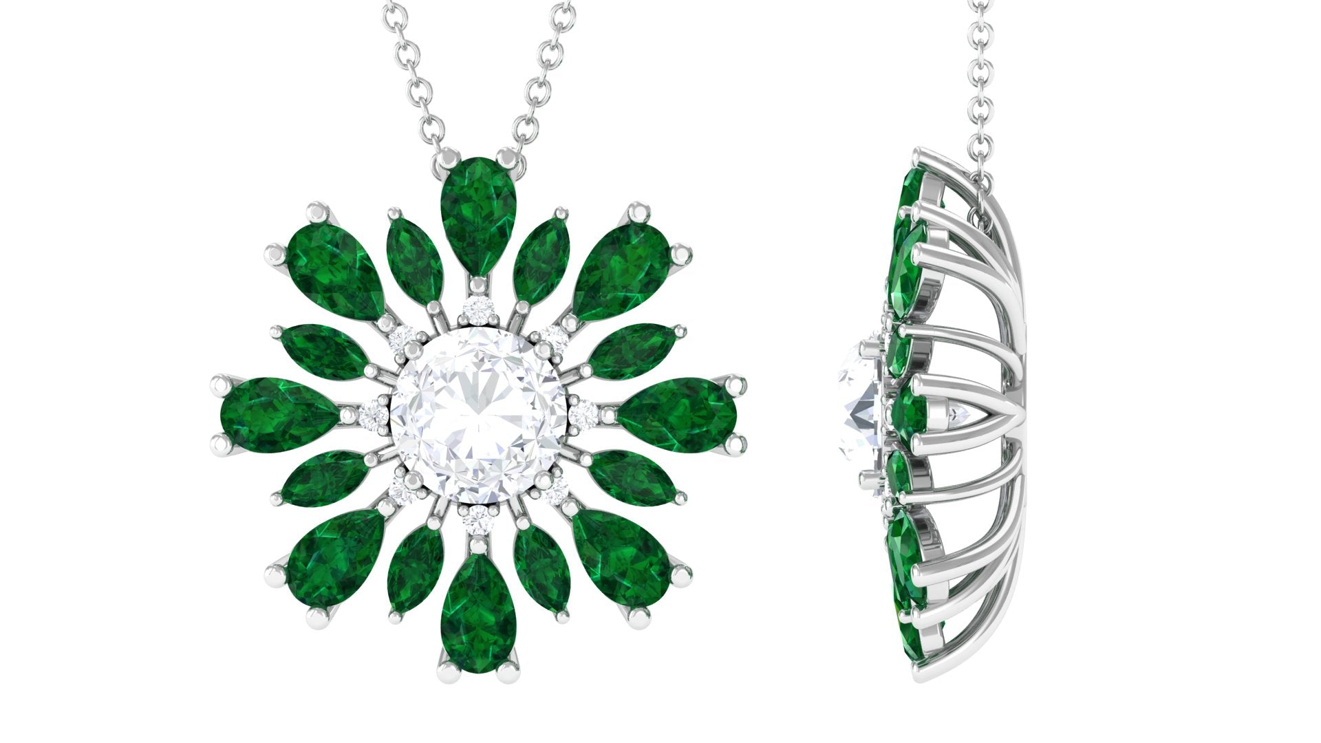 Sparkanite Jewels-Nature Inspired Moissanite Flower Silver Pendant with Lab Grown Emerald