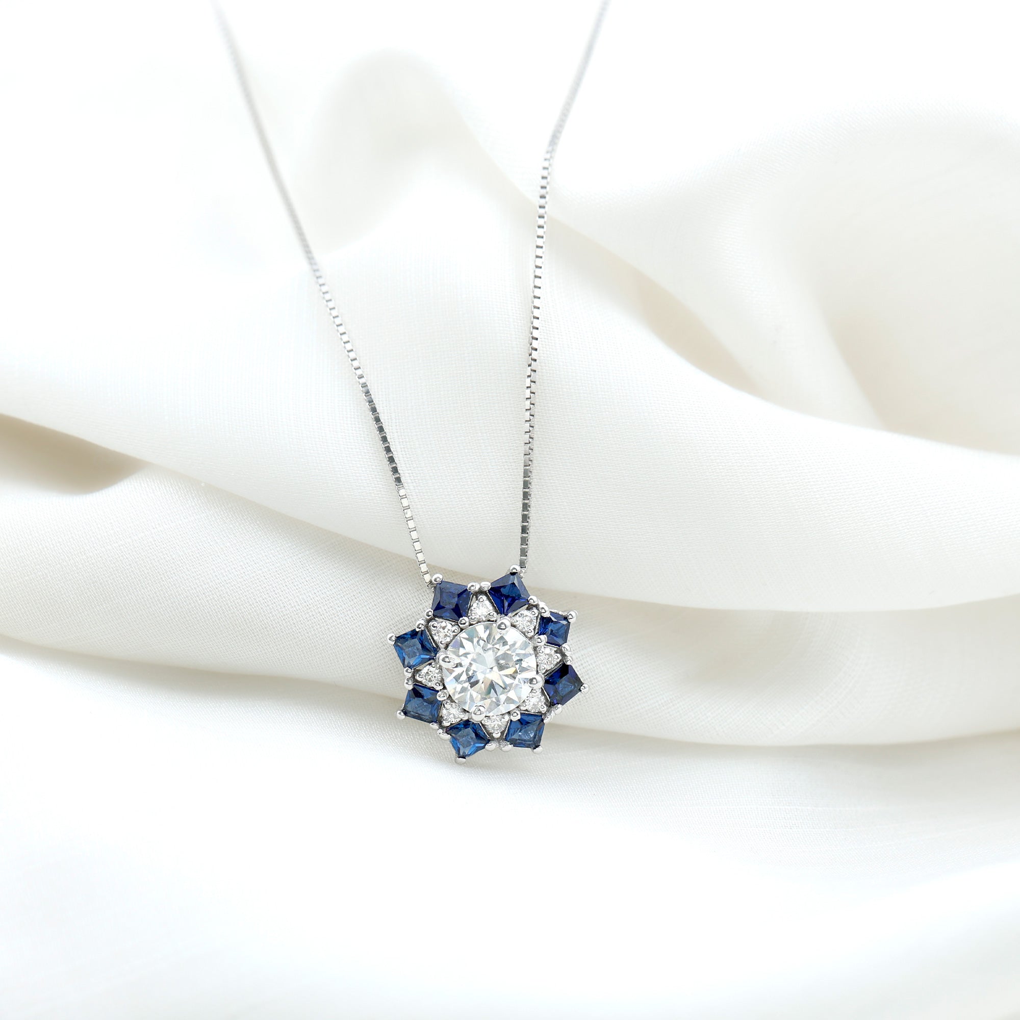 Sparkanite Jewels-Vintage Style Moissanite Silver Pendant with Lab Grown Blue Sapphire