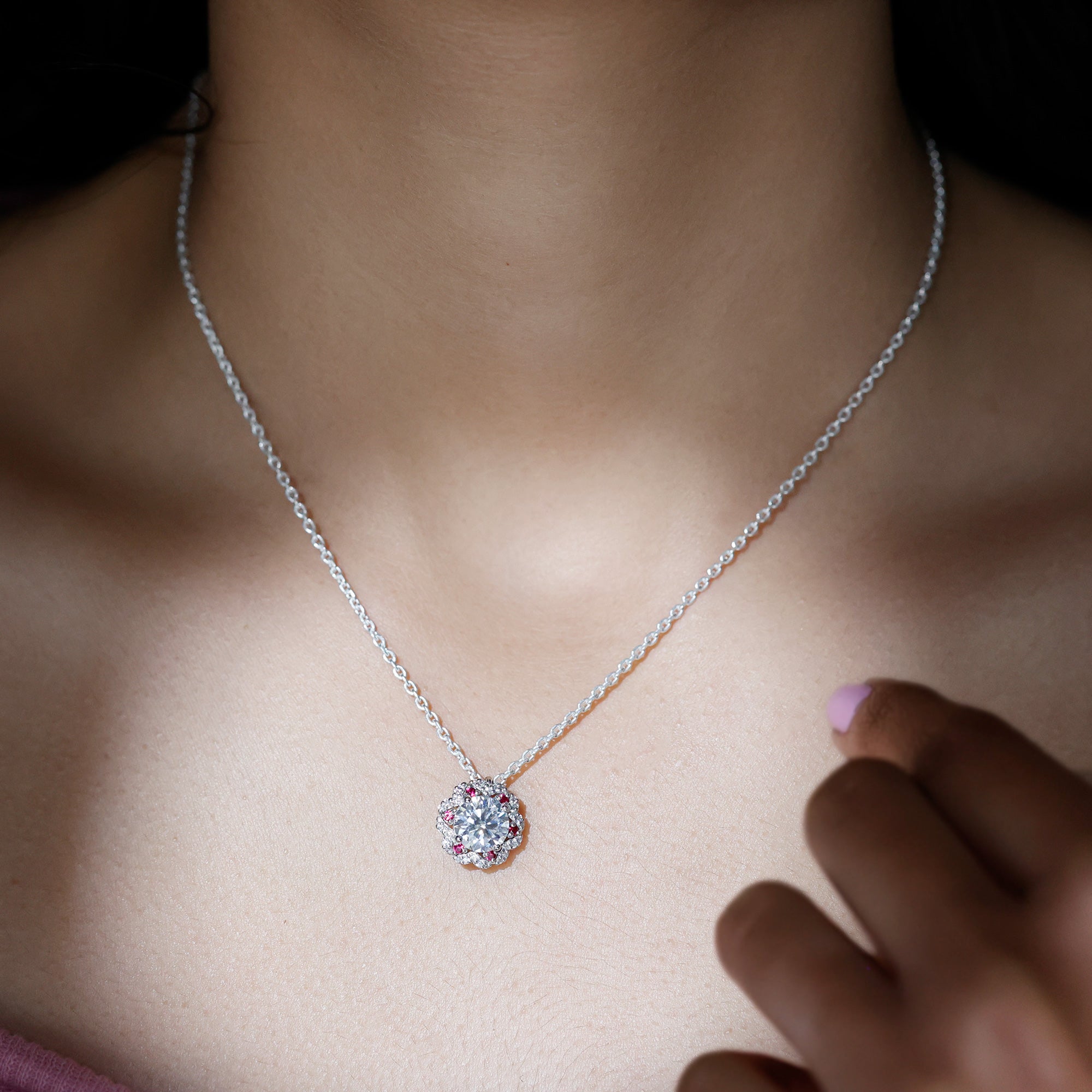 Sparkanite Jewels-Statement Floral Inspired Pendant with Lab Grown Ruby and Moissanite