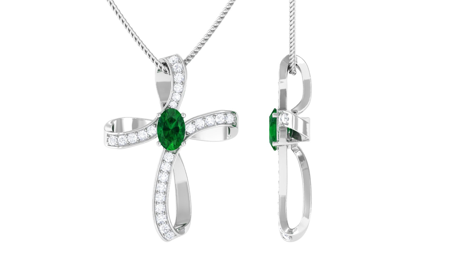 Sparkanite Jewels-Certified Moissanite Cross Silver Pendant with Lab Emerald