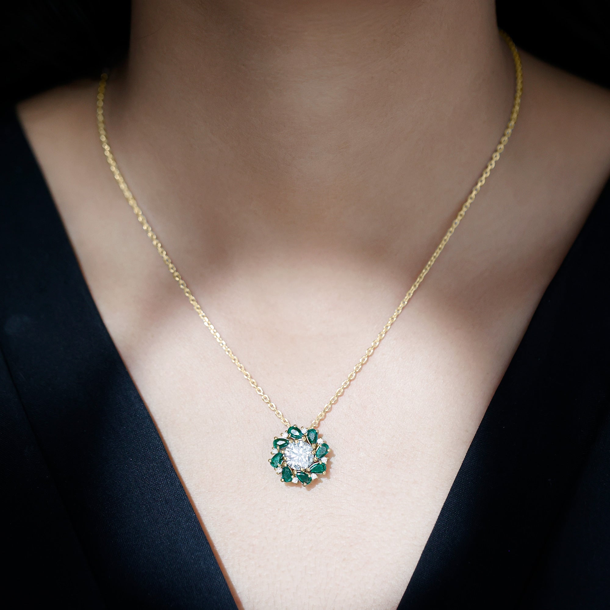 Sparkanite Jewels-Nature Inspired Floral Pendant with Moissanite and Lab Grown Emerald