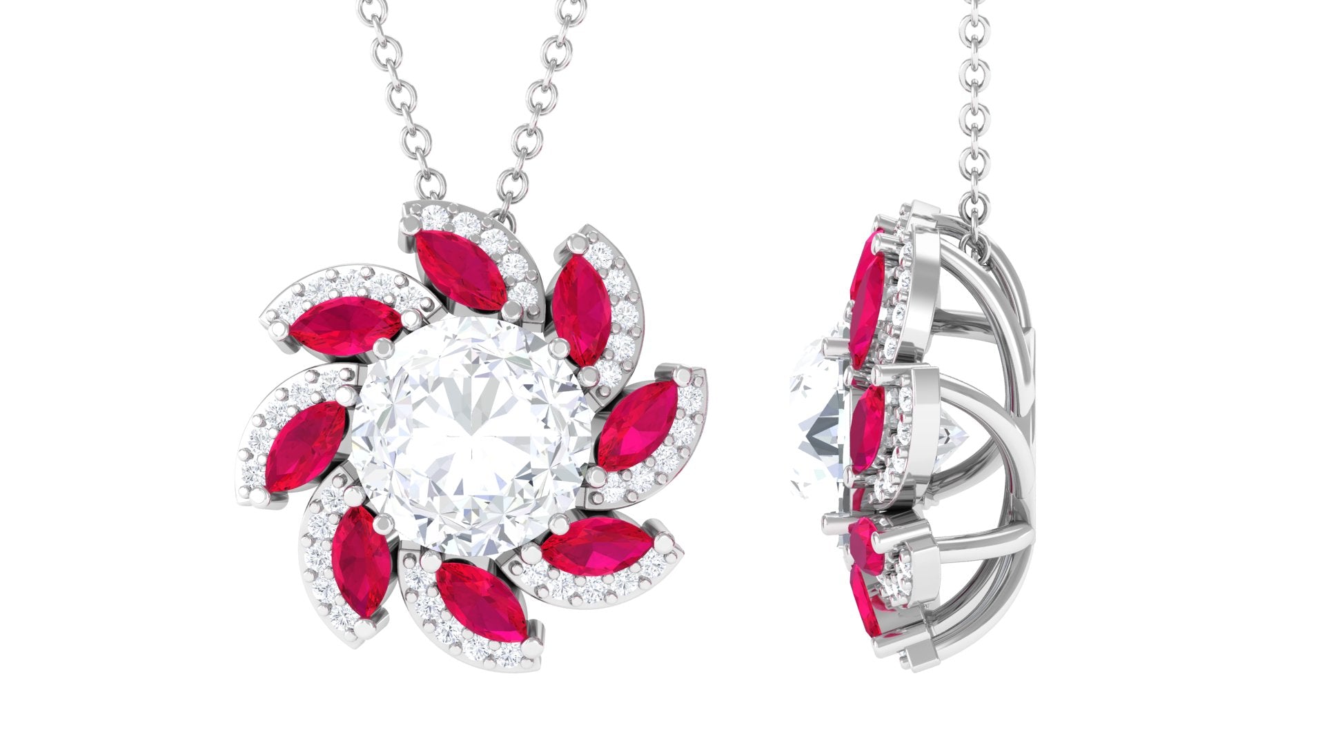 Sparkanite Jewels-Nature Inspired Moissanite Flower Silver Pendant with Lab Grown Ruby