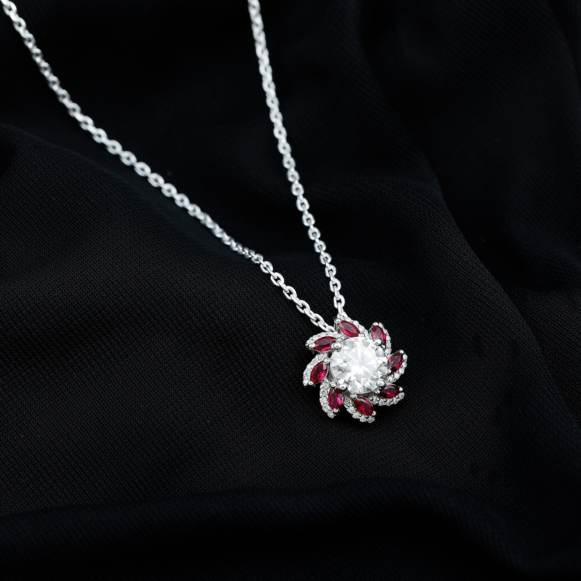 Sparkanite Jewels-Nature Inspired Moissanite Flower Silver Pendant with Lab Grown Ruby