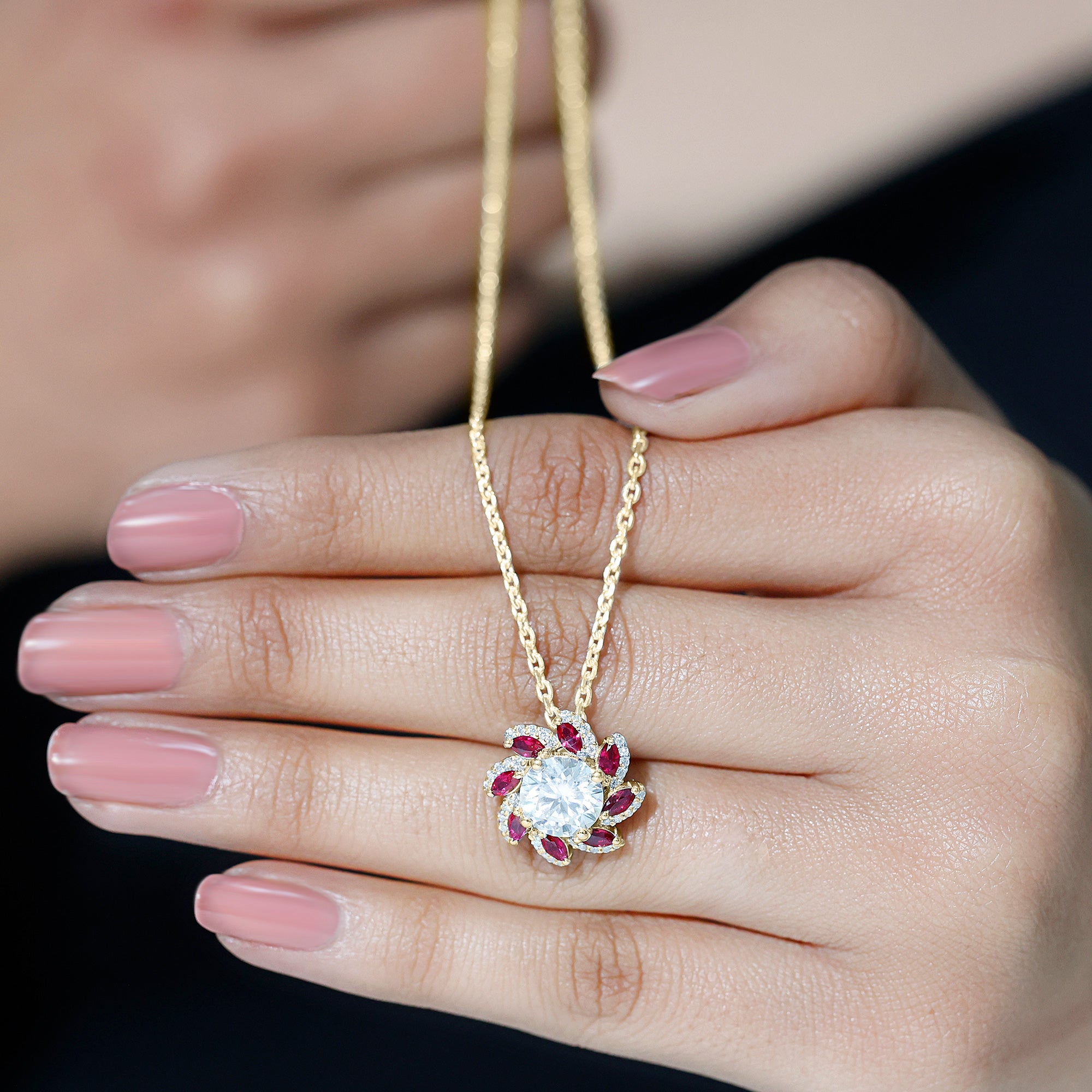 Sparkanite Jewels-Nature Inspired Moissanite Flower Silver Pendant with Lab Grown Ruby