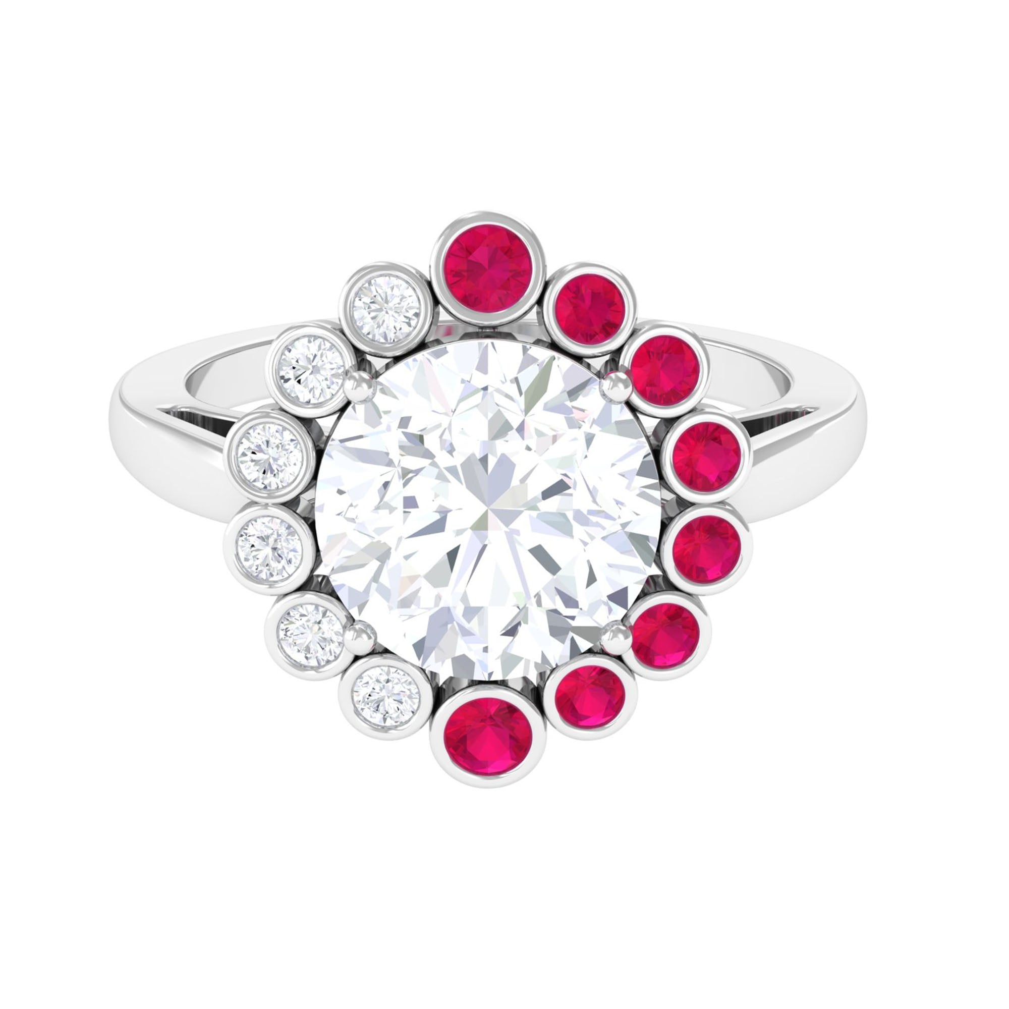 Moissanite and Ruby Cocktail Halo Engagement Ring D-VS1 10 MM - Sparkanite Jewels